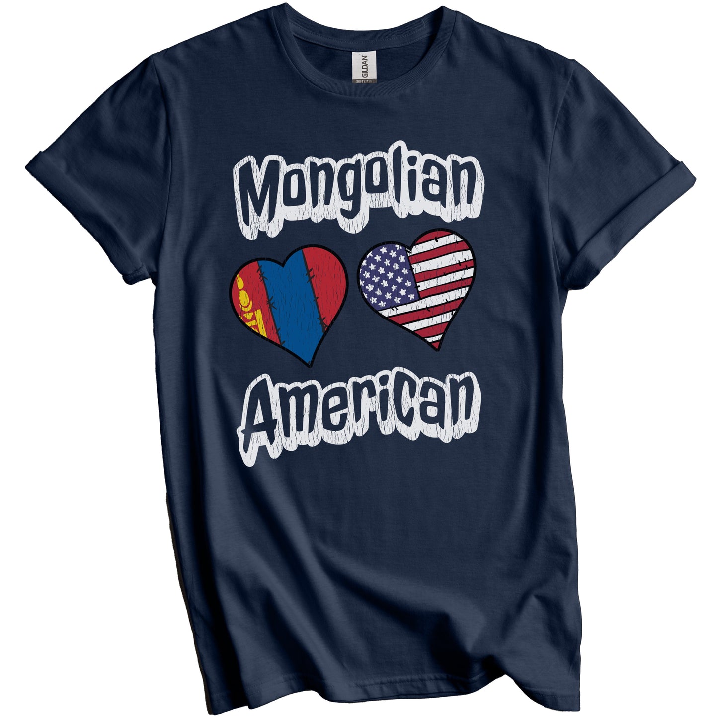 Mongolian American Flag Hearts Combo Mongolia Distressed T-Shirt