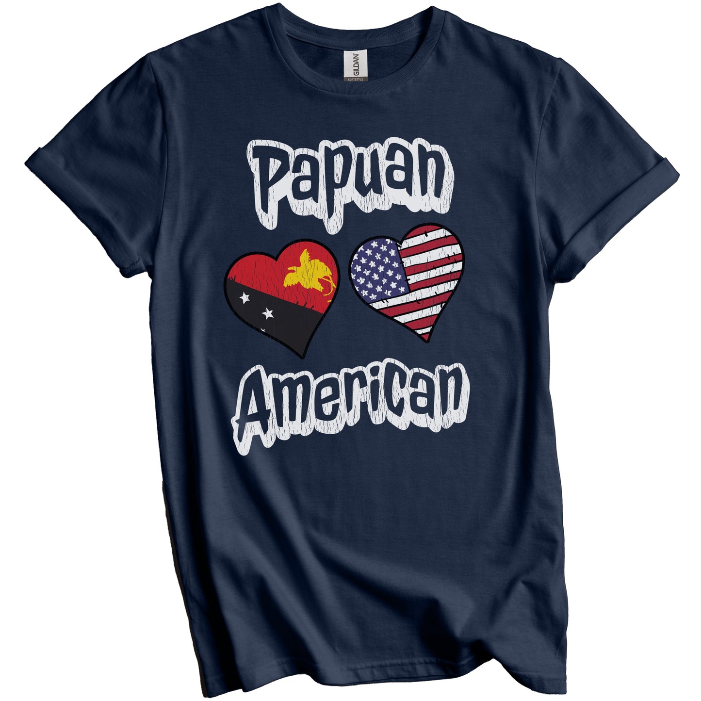 Papuan American Flag Hearts Combo Papua New Guinea Distressed T-Shirt