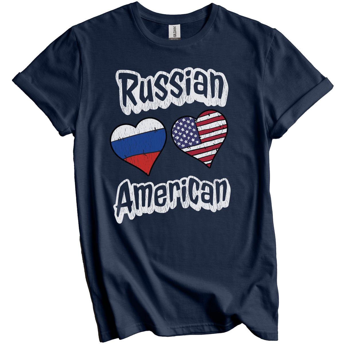 Russian American Flag Hearts Combo Russia Distressed T-Shirt