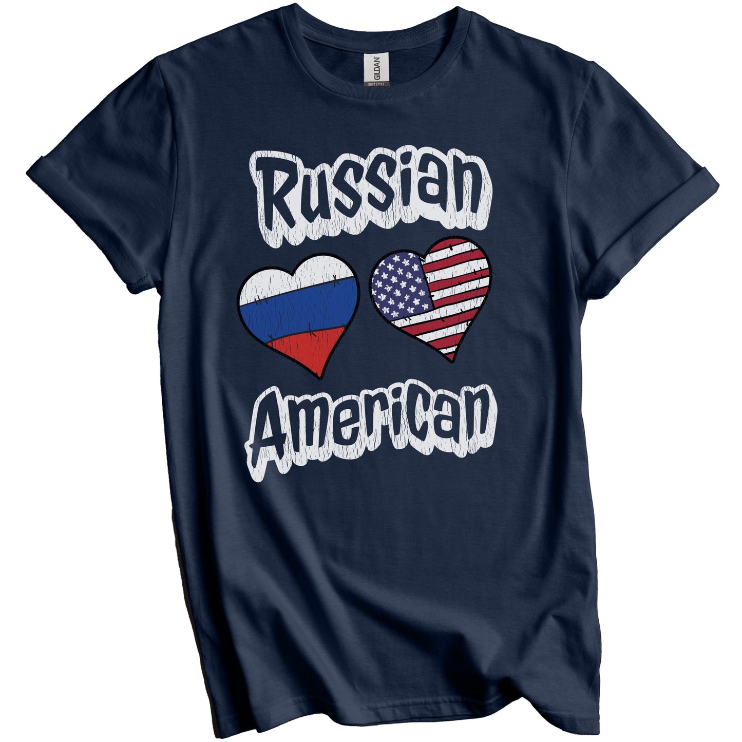 Russian American Flag Hearts Combo Russia Distressed T-Shirt