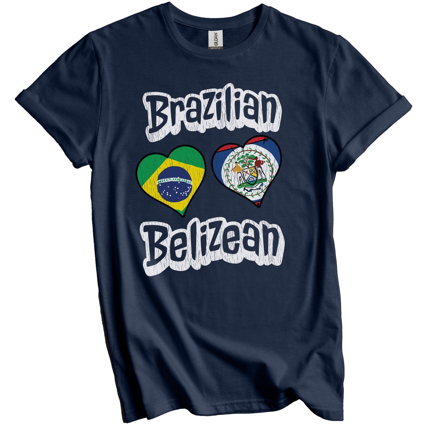 Brazilian Belizean Flag Heart Combo Brazil Belize Distressed T-Shirt