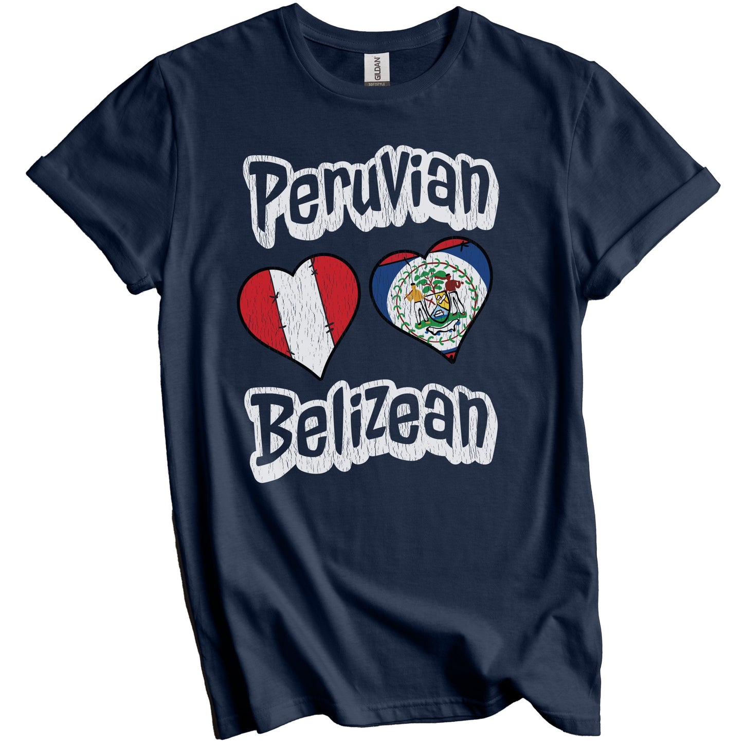 Peruvian Belizean Flag Heart Combo Peru Belize Distressed T-Shirt