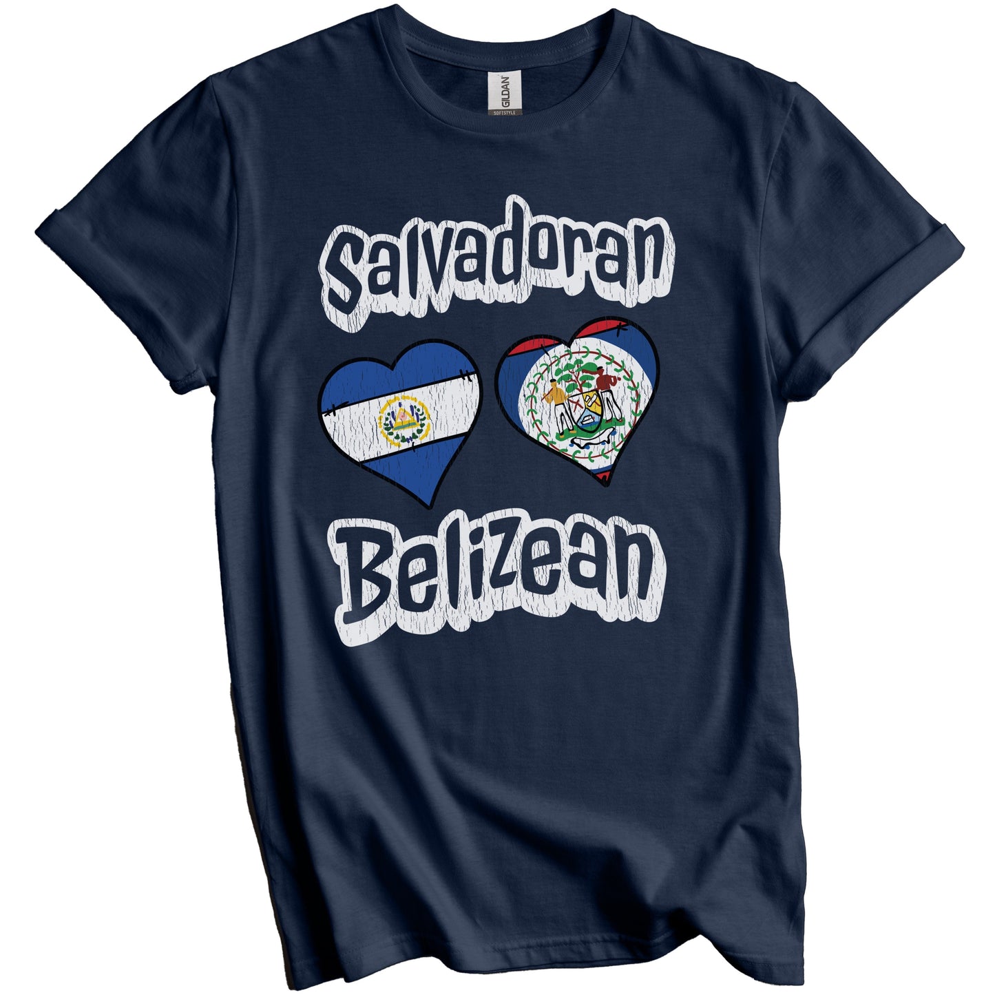 Salvadoran Belizean Flag Heart Combo El Salvador Belize Distressed T-Shirt