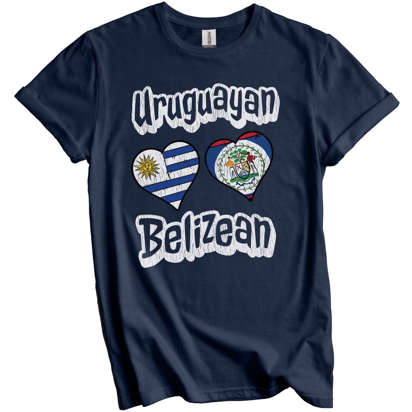 Uruguayan Belizean Flag Heart Combo Uruguay Belize Distressed T-Shirt