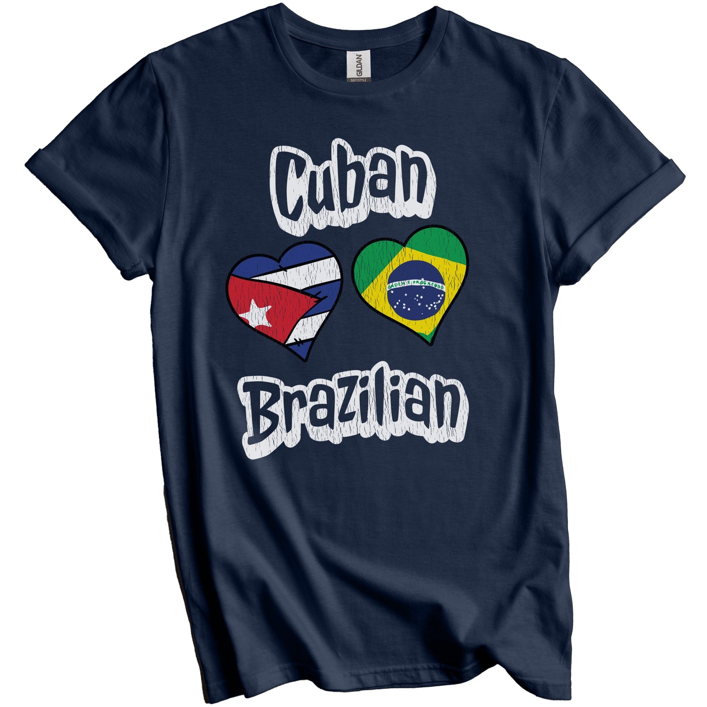 Cuban Brazilian Flag Heart Combo Cuba Brazil Distressed T-Shirt