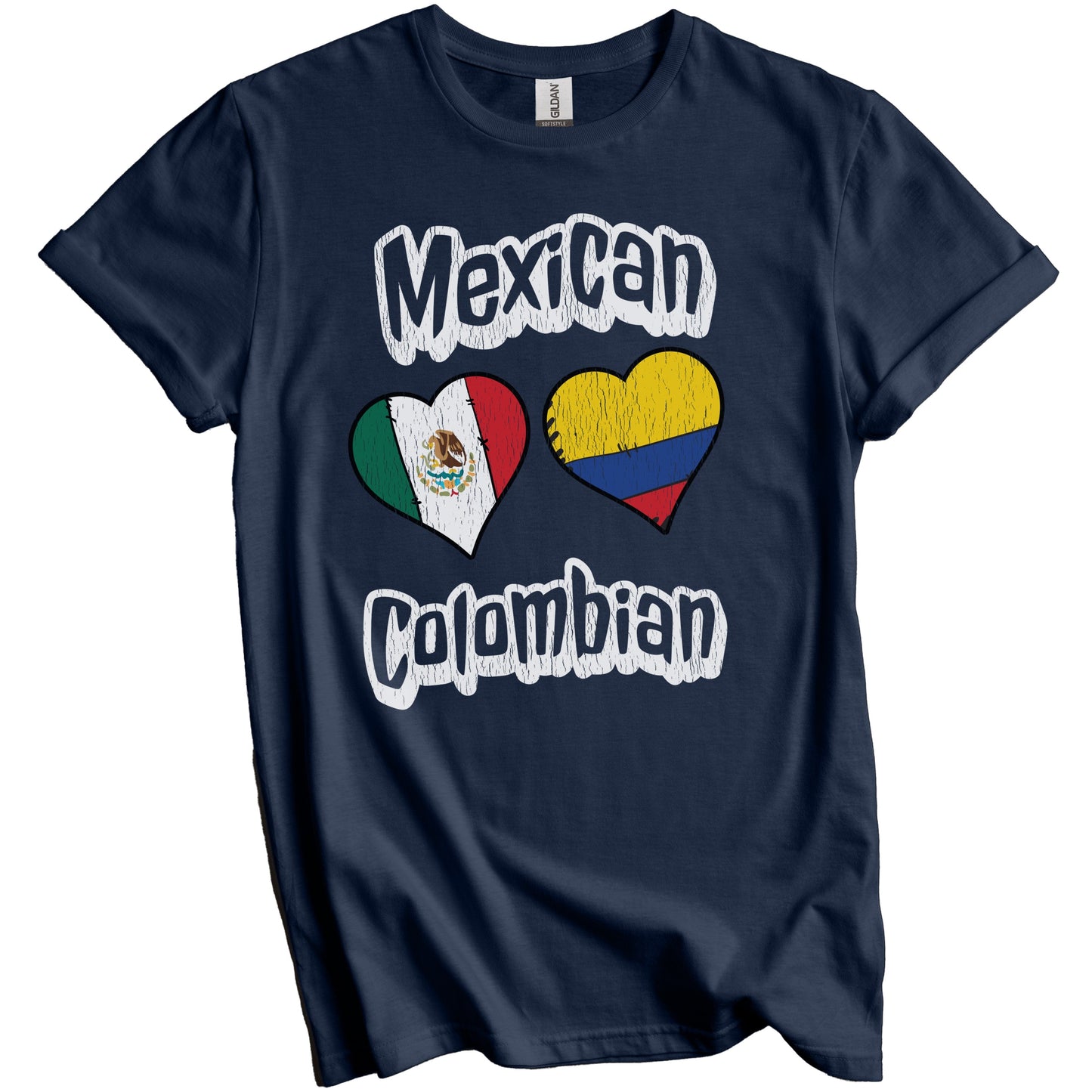 Mexican Colombian Flag Heart Combo Mexico Colombia Distressed T-Shirt