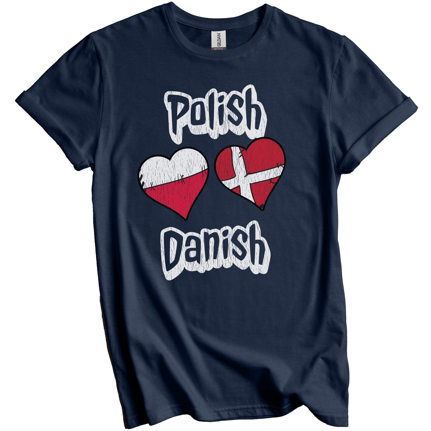 Polish Danish Flag Heart Combo Poland Denmark Distressed T-Shirt
