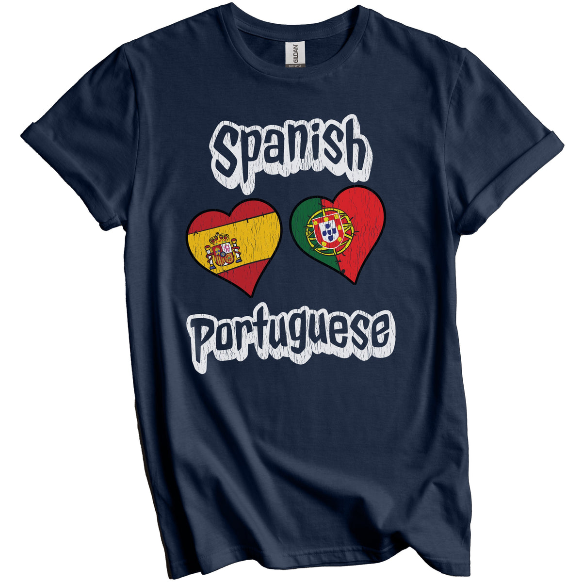 Spanish Portuguese Flag Heart Combo Spain Portugal Distressed T-Shirt