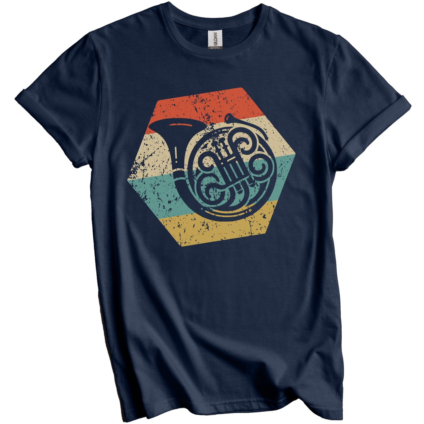 French Horn Retro Distressed Hexagon Musical Instrument T-Shirt