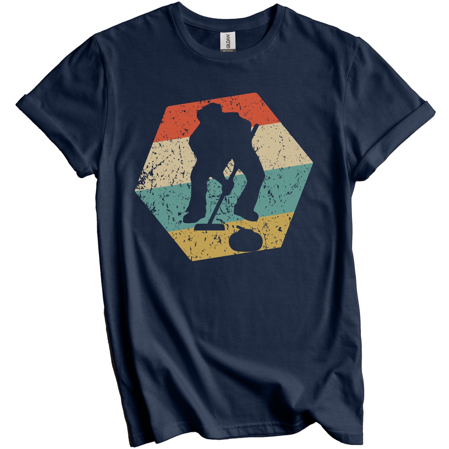 Curling Retro Distressed Hexagon Curler Sweeping T-Shirt