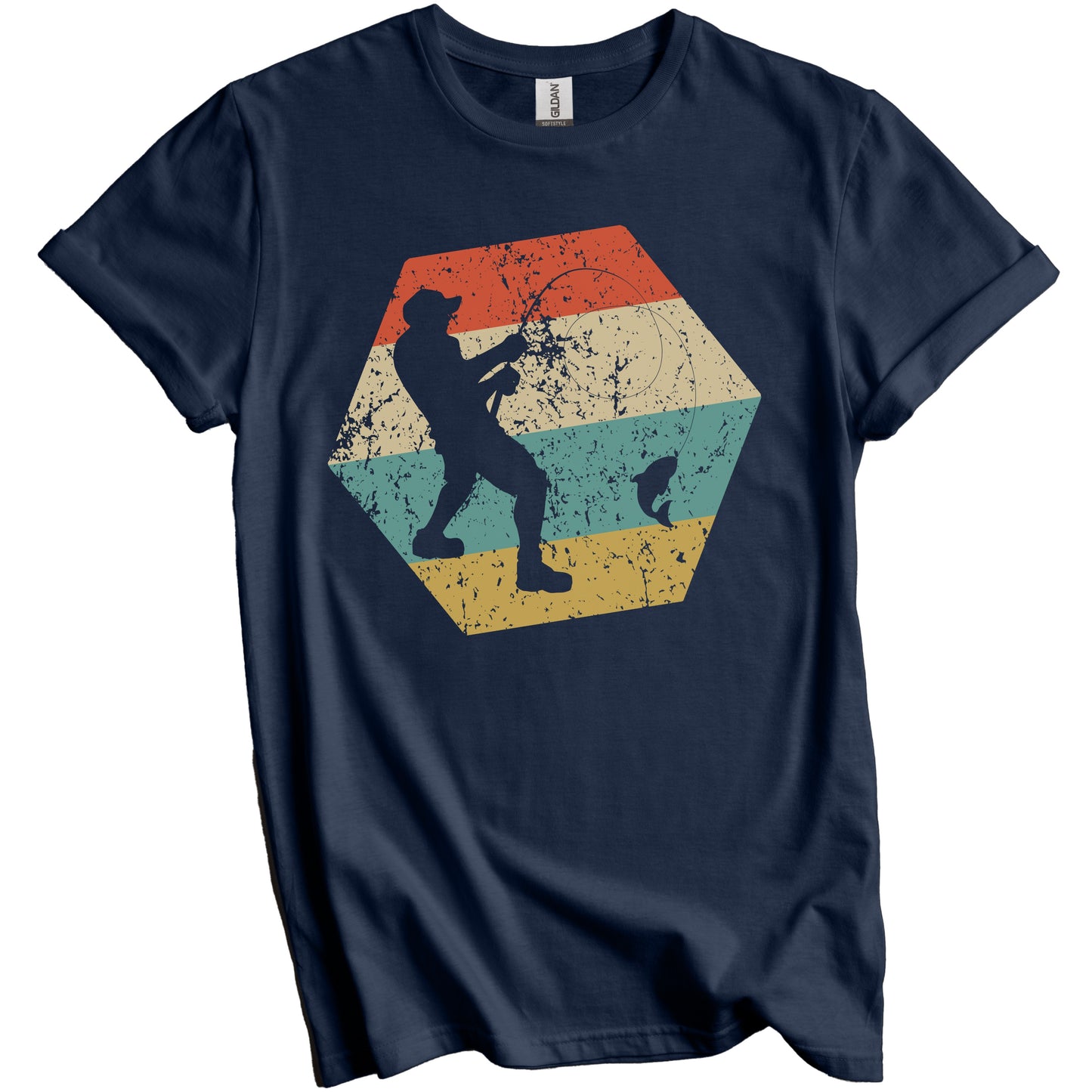 Fishing Retro Distressed Hexagon Fisherman Catching a Fish T-Shirt