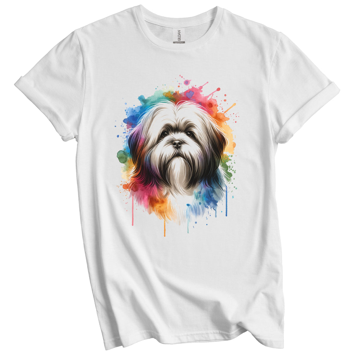 Lhasa Apso Rainbow Watercolor Portrait Dog Lover T-Shirt - Lhasa Apso Gift