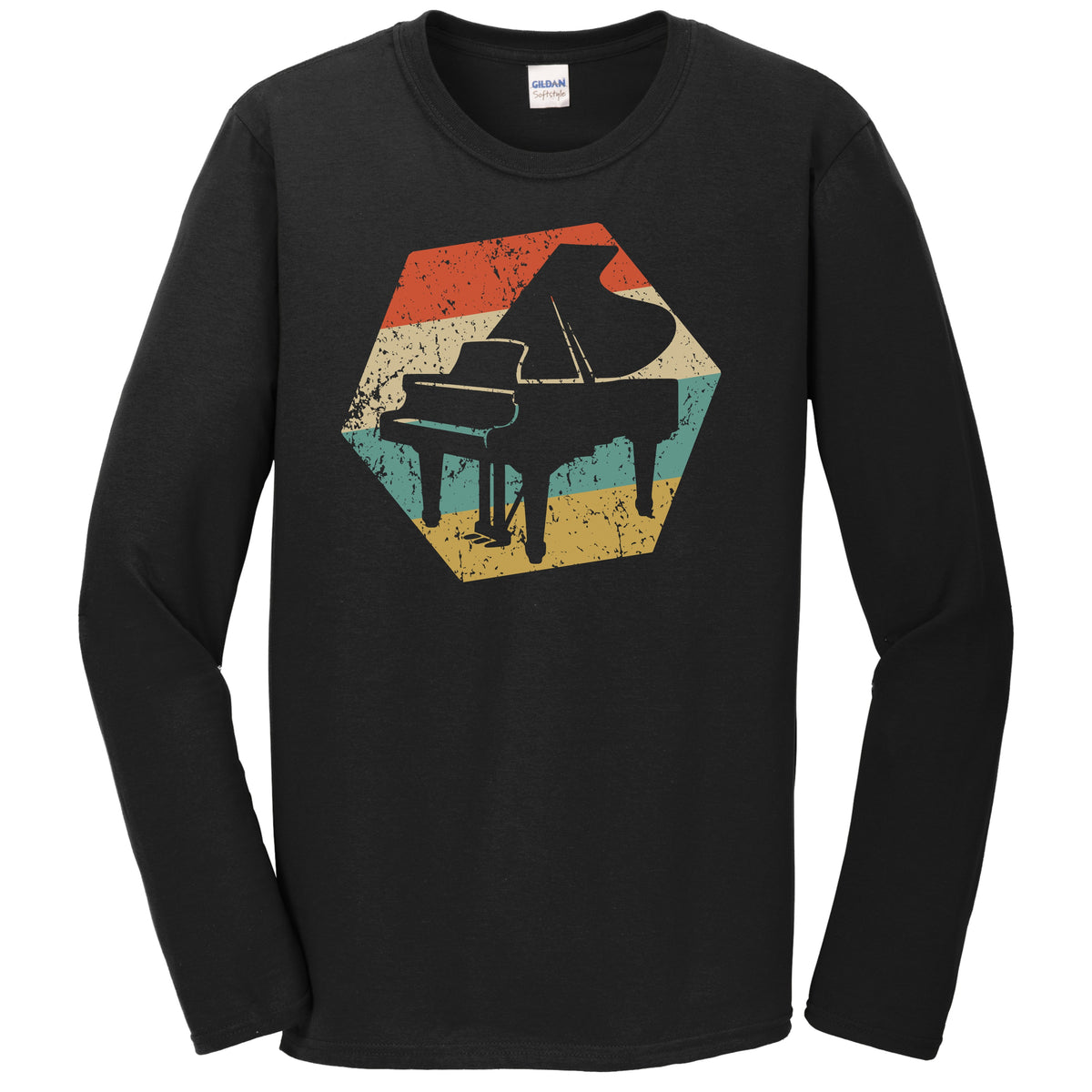 Baby Grand Piano Retro Distressed Hexagon Pianist Long Sleeve T-Shirt