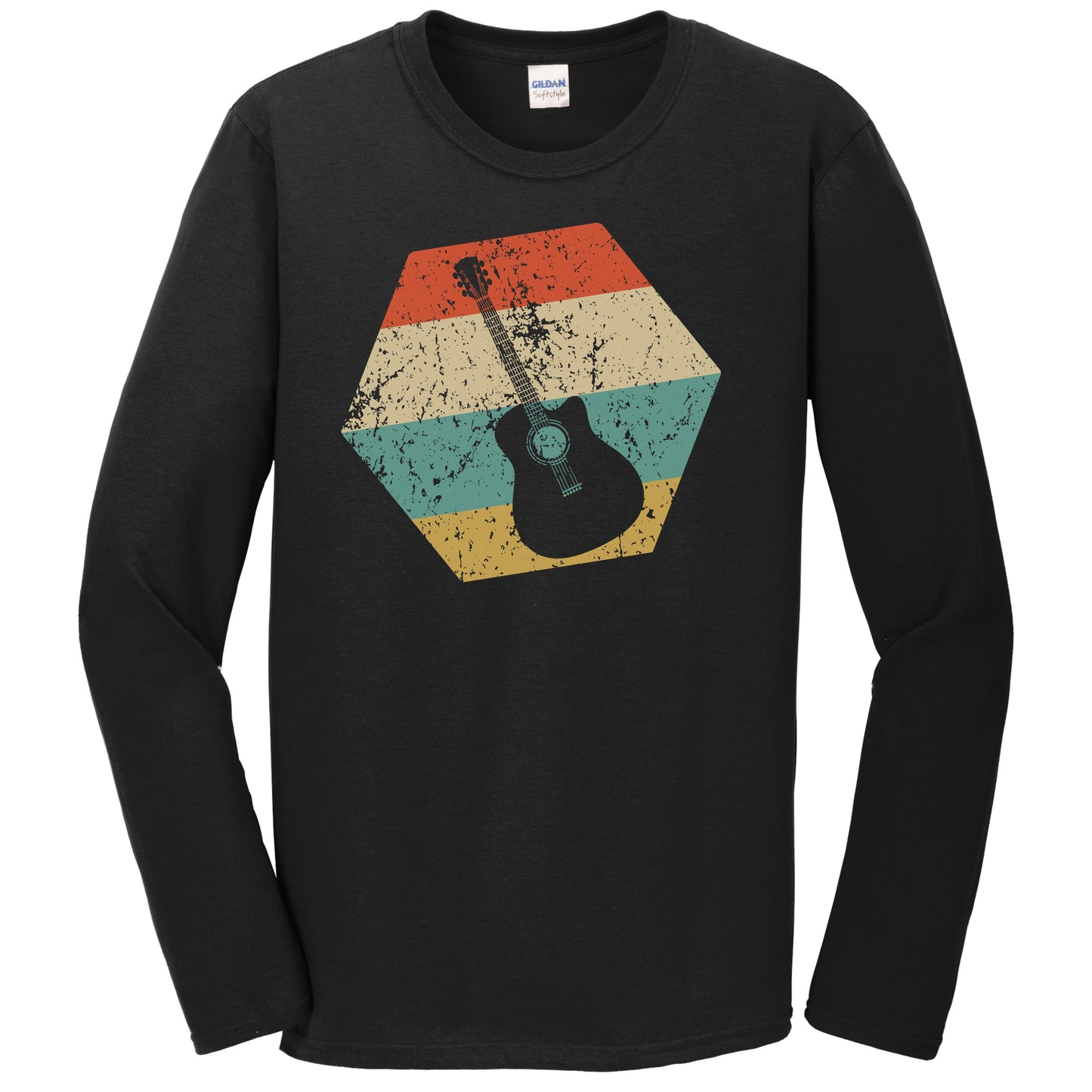 Acoustic Guitar Retro Distressed Hexagon Guitarist Long Sleeve T-Shirt