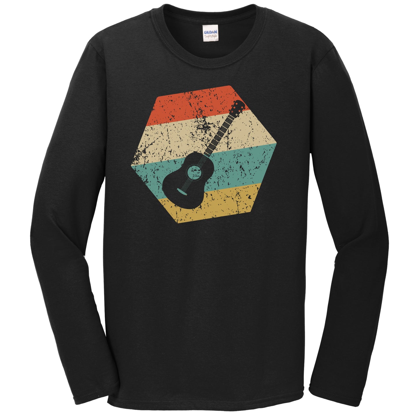 Guitar Retro Distressed Hexagon Acoustic Guitar Long Sleeve T-Shirt