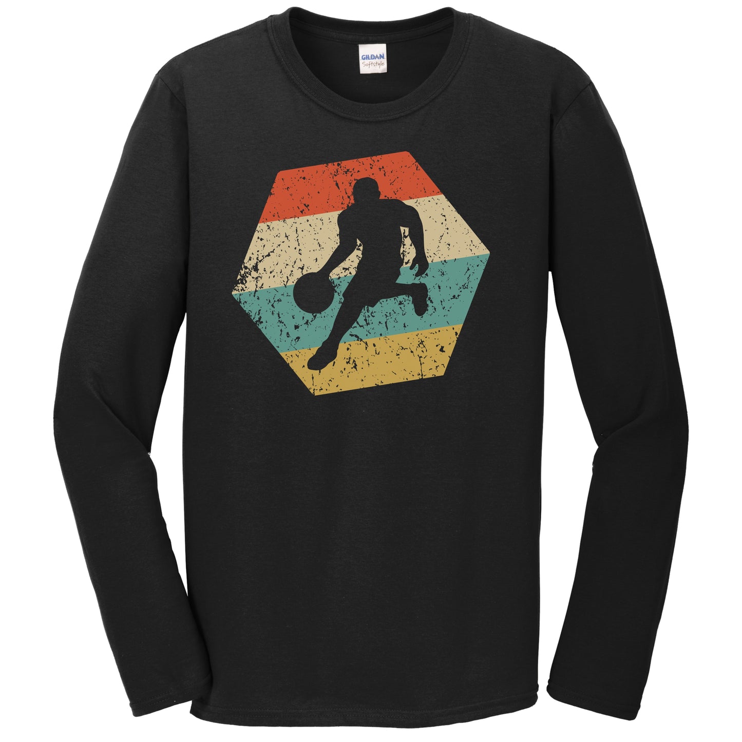 Basketball Player Retro Distressed Hexagon Dribble Long Sleeve T-Shirt