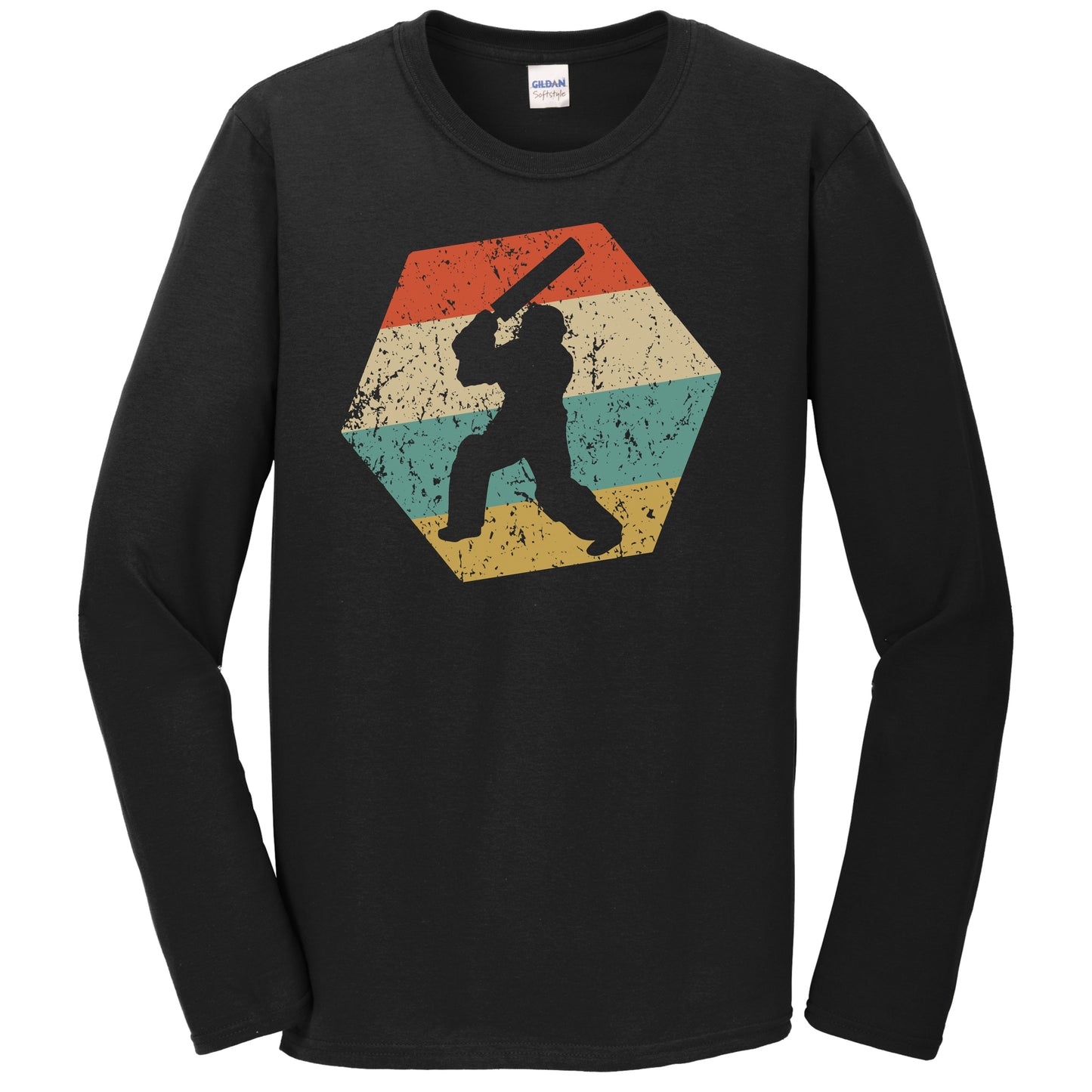 Cricket Retro Distressed Hexagon Cricket Player Long Sleeve T-Shirt