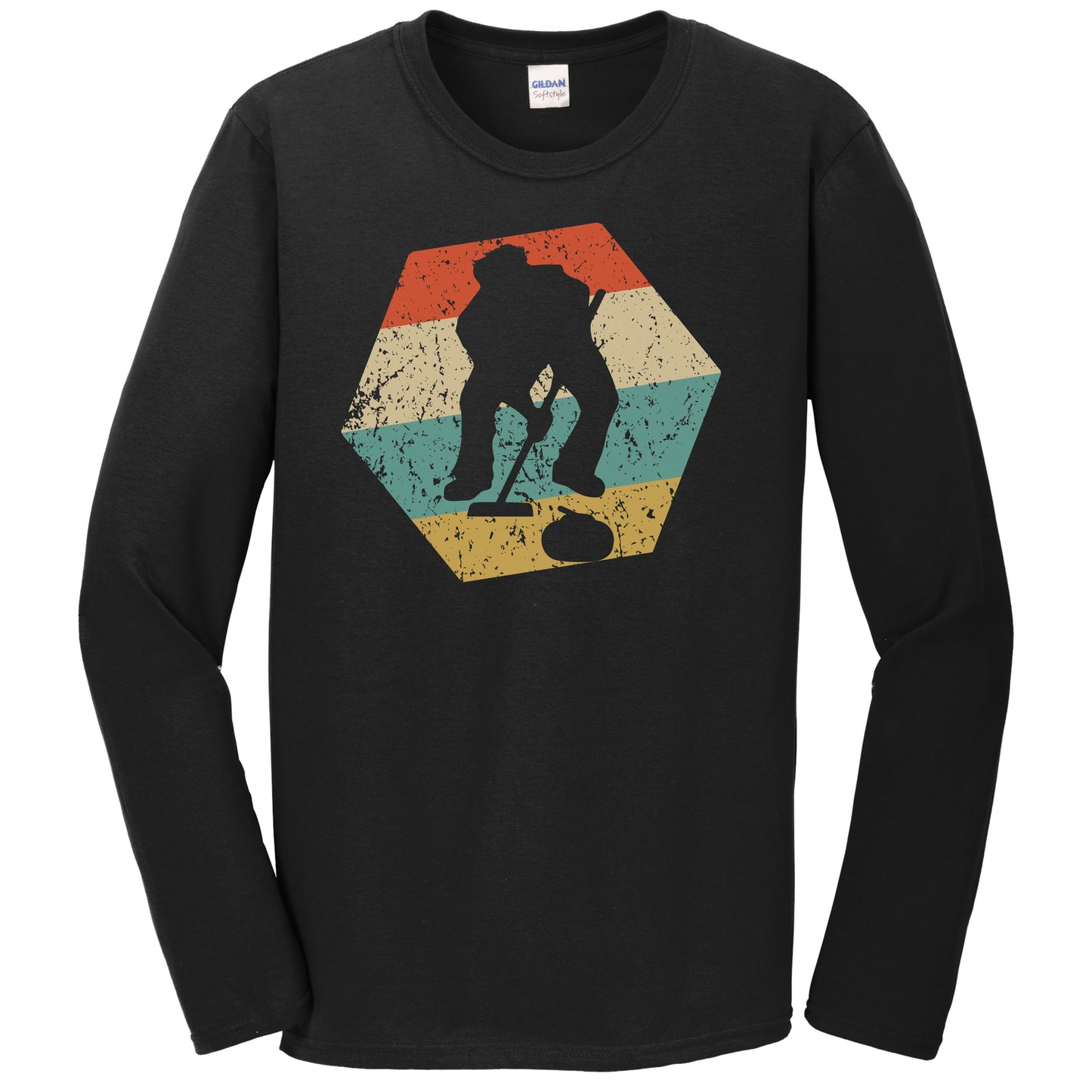 Curling Retro Distressed Hexagon Curler Sweeping Long Sleeve T-Shirt