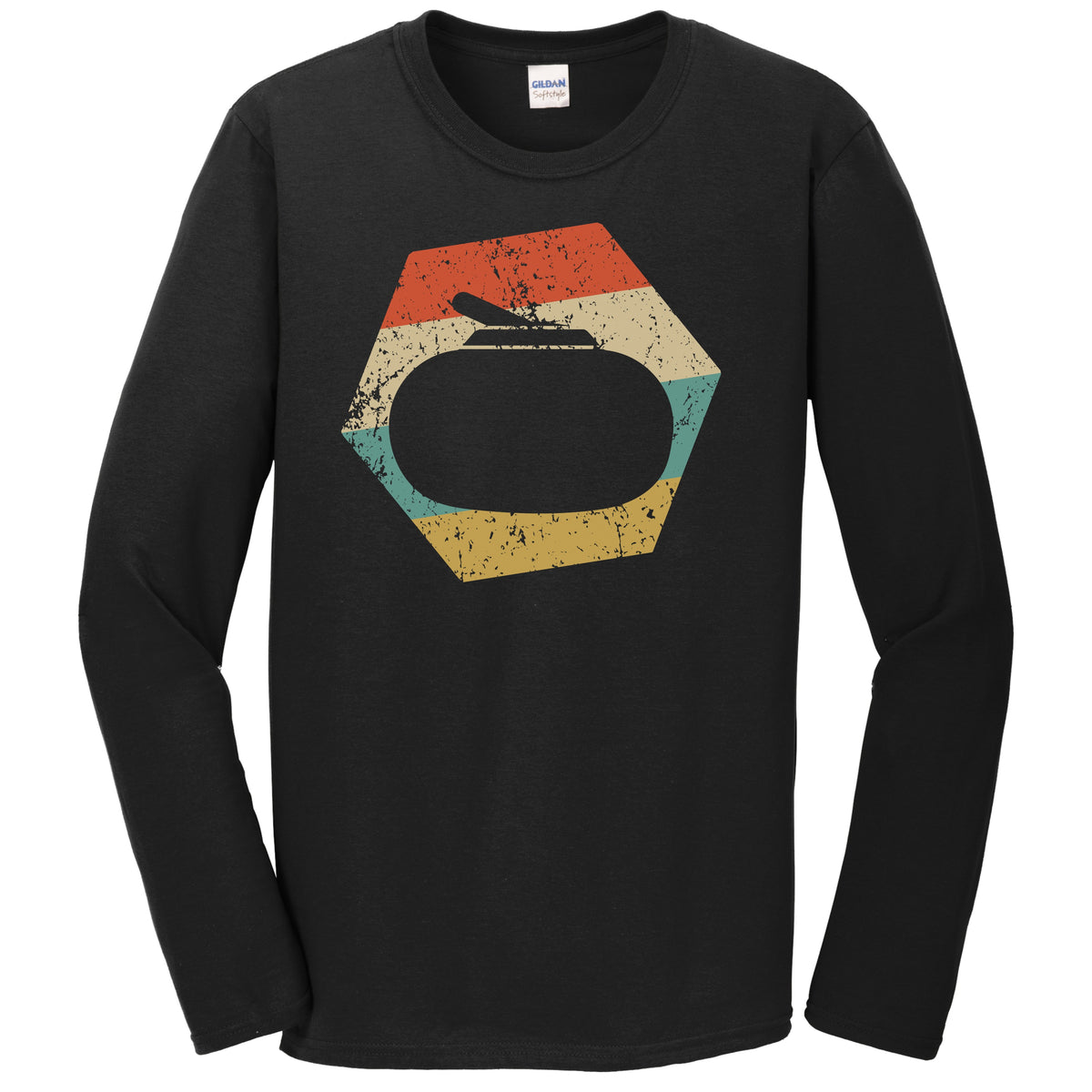 Curling Retro Distressed Hexagon Curling Stone Long Sleeve T-Shirt