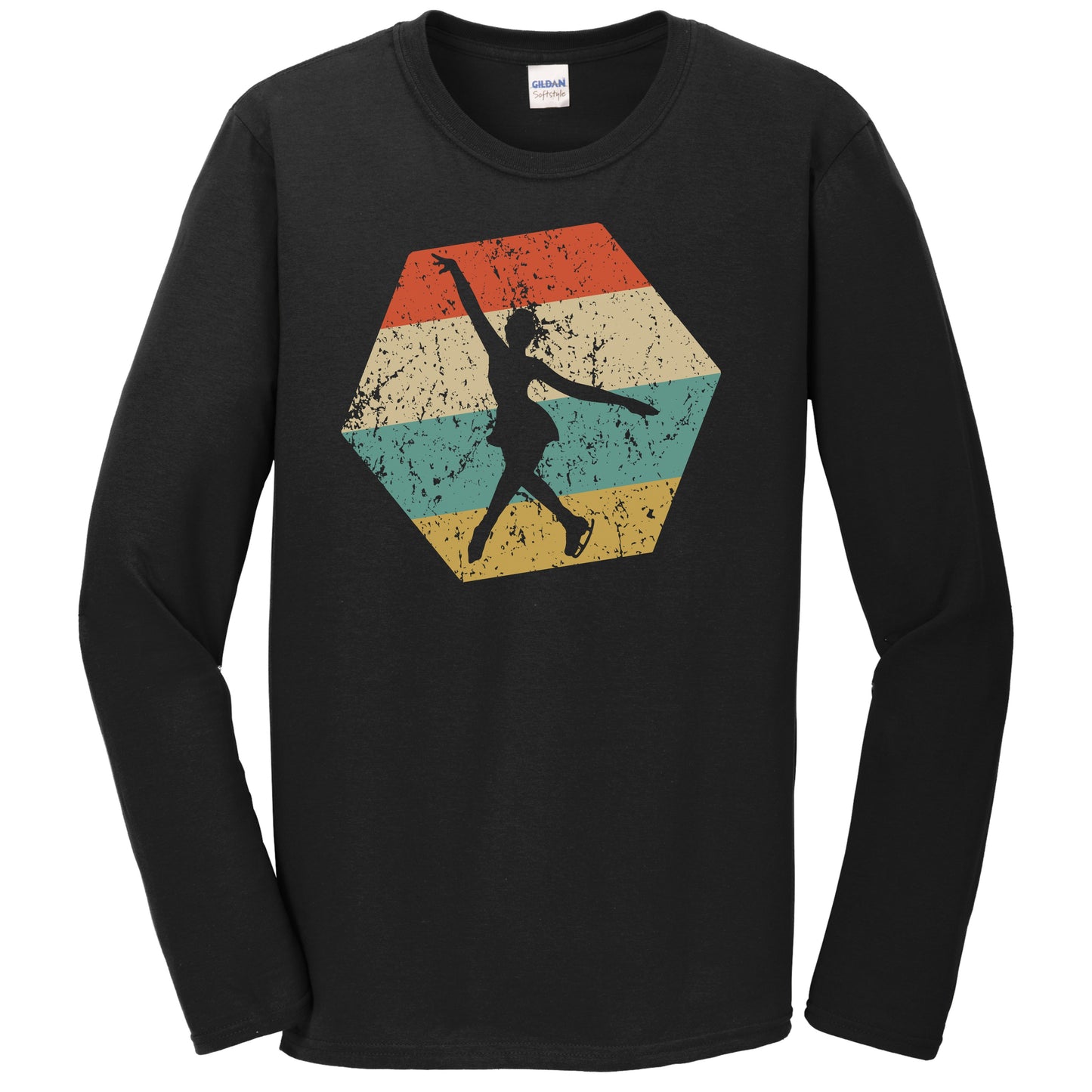 Figure Skating Retro Distressed Hexagon Female Figure Skater Long Sleeve T-Shirt