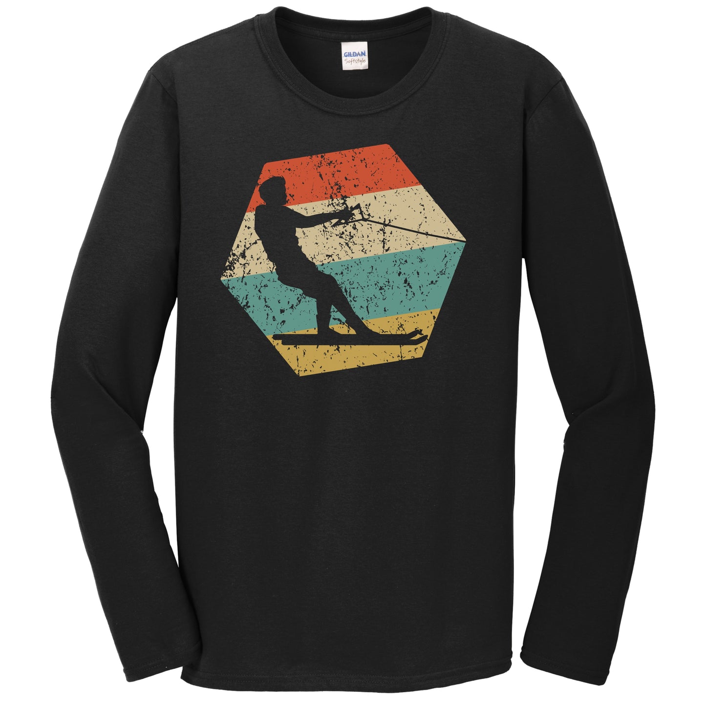 Waterskier Retro Distressed Hexagon Waterskiing Long Sleeve T-Shirt