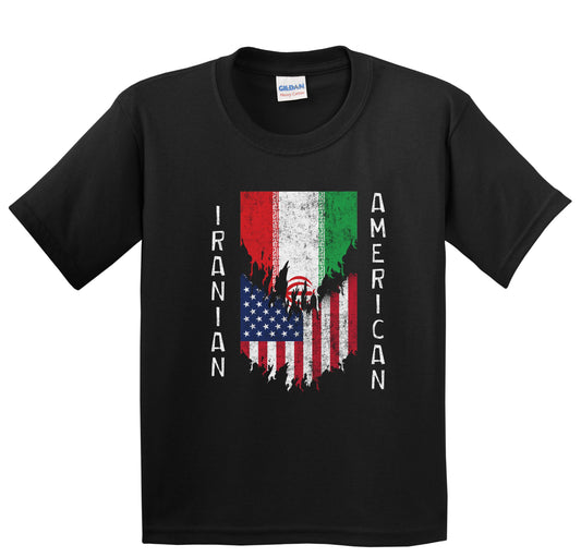 Iranian American Flags Ripped Torn Iran Youth T-Shirt