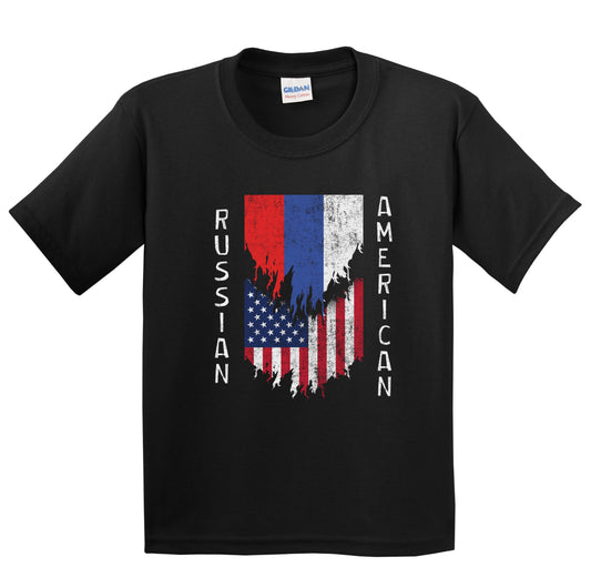 Russian American Flags Ripped Torn Russia Youth T-Shirt