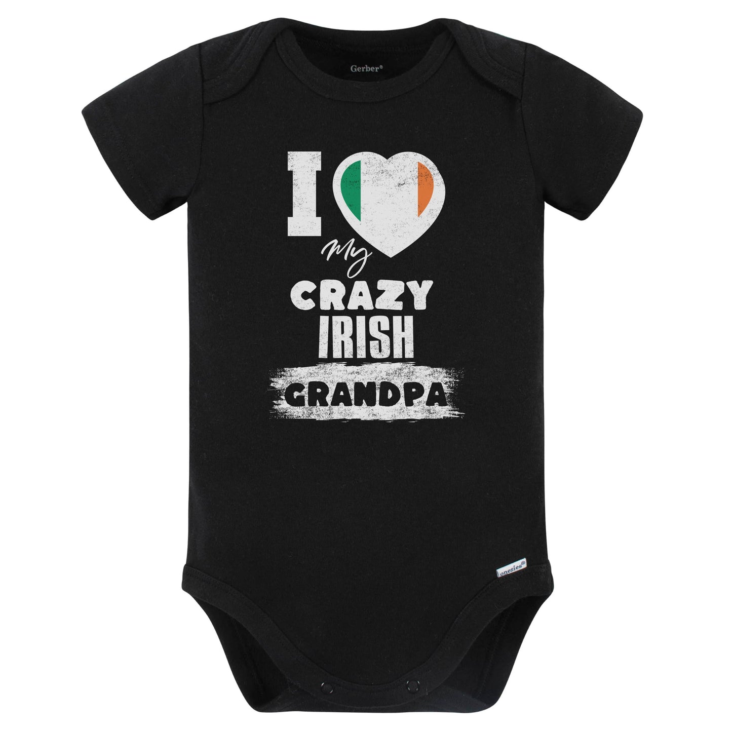 I Love My Crazy Irish Grandpa Funny Ireland Flag Grandchild Baby Bodysuit (Black)