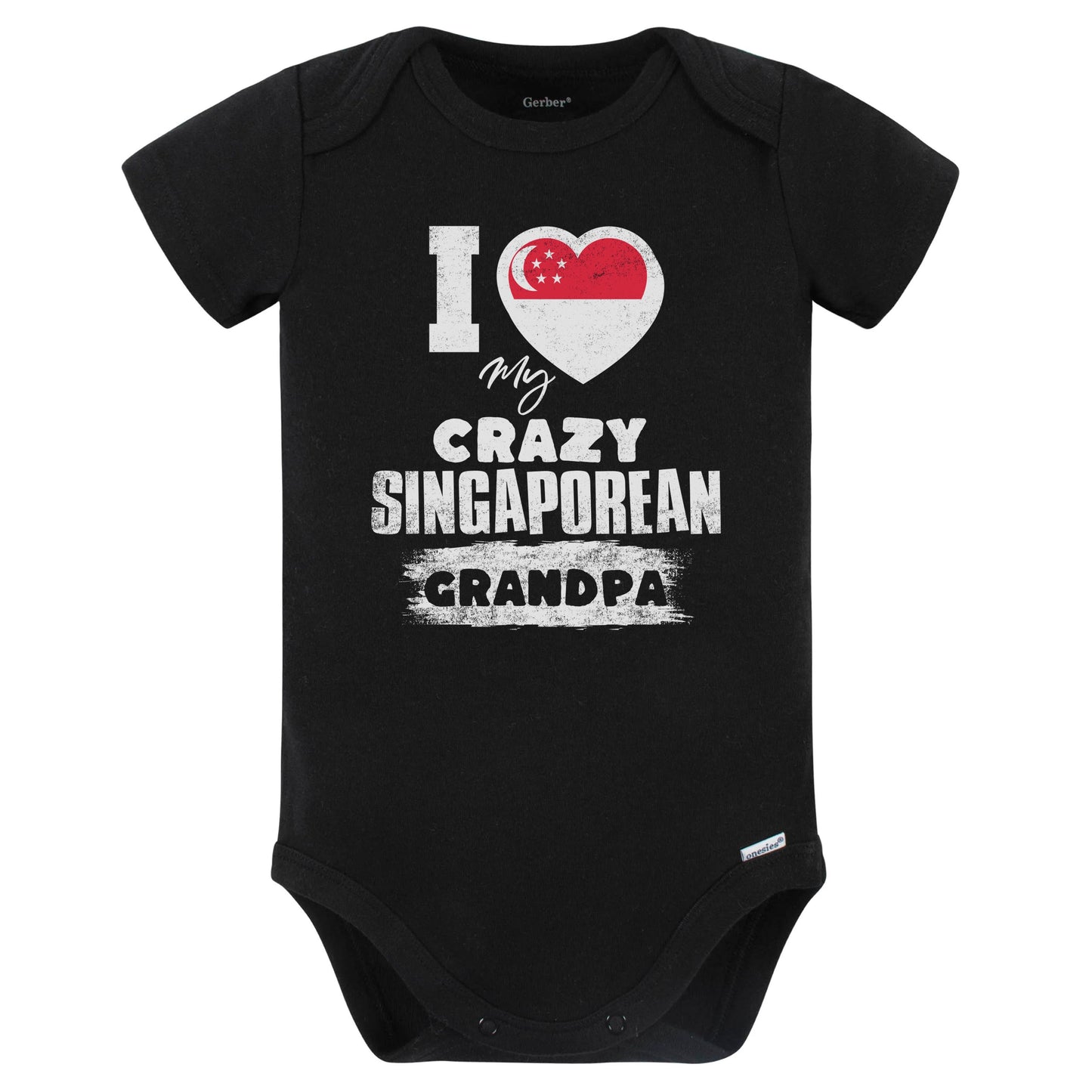 I Love My Crazy Singaporean Grandpa Funny Singapore Flag Grandchild Baby Bodysuit (Black)