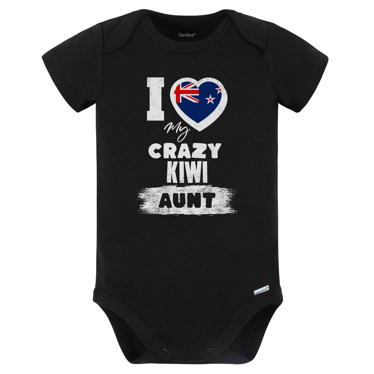 I Love My Crazy Kiwi Aunt Funny New Zealand Flag Niece Nephew Baby Bodysuit (Black)