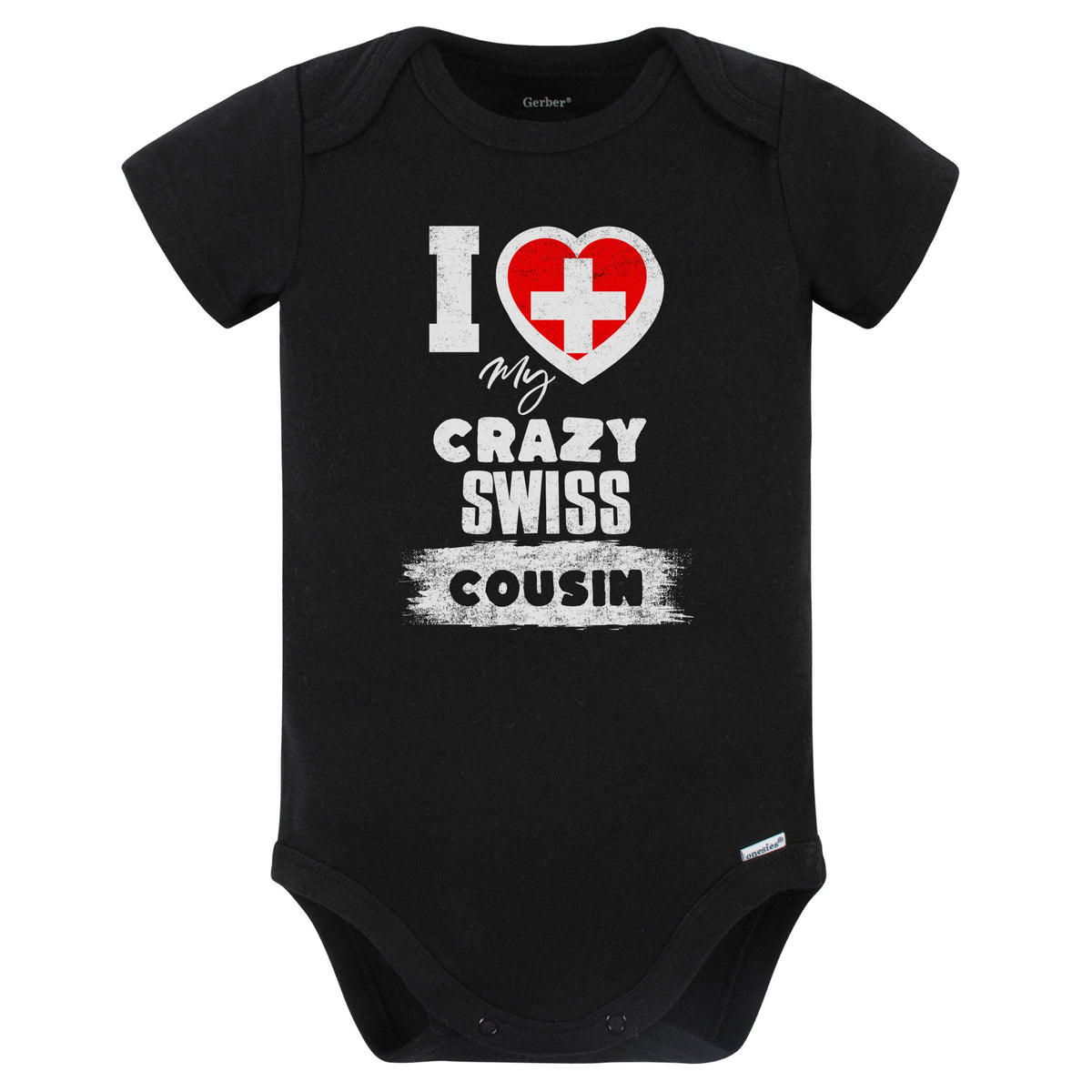 I Love My Crazy Swiss Cousin Funny Switzerland Flag Baby Bodysuit (Black)