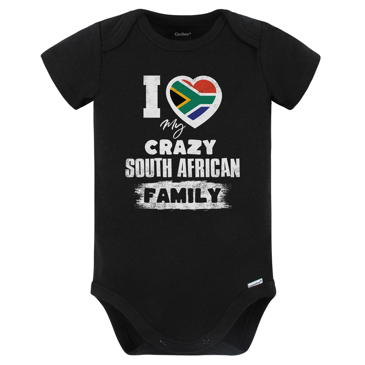I Love My Crazy South African Family Funny South Africa Flag Baby Bodysuit (Black)