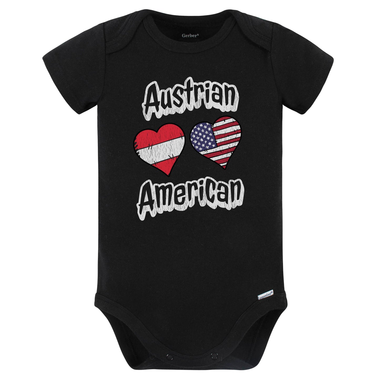 Austrian American Flag Hearts Combo Austria Baby Bodysuit Distressed (Black)