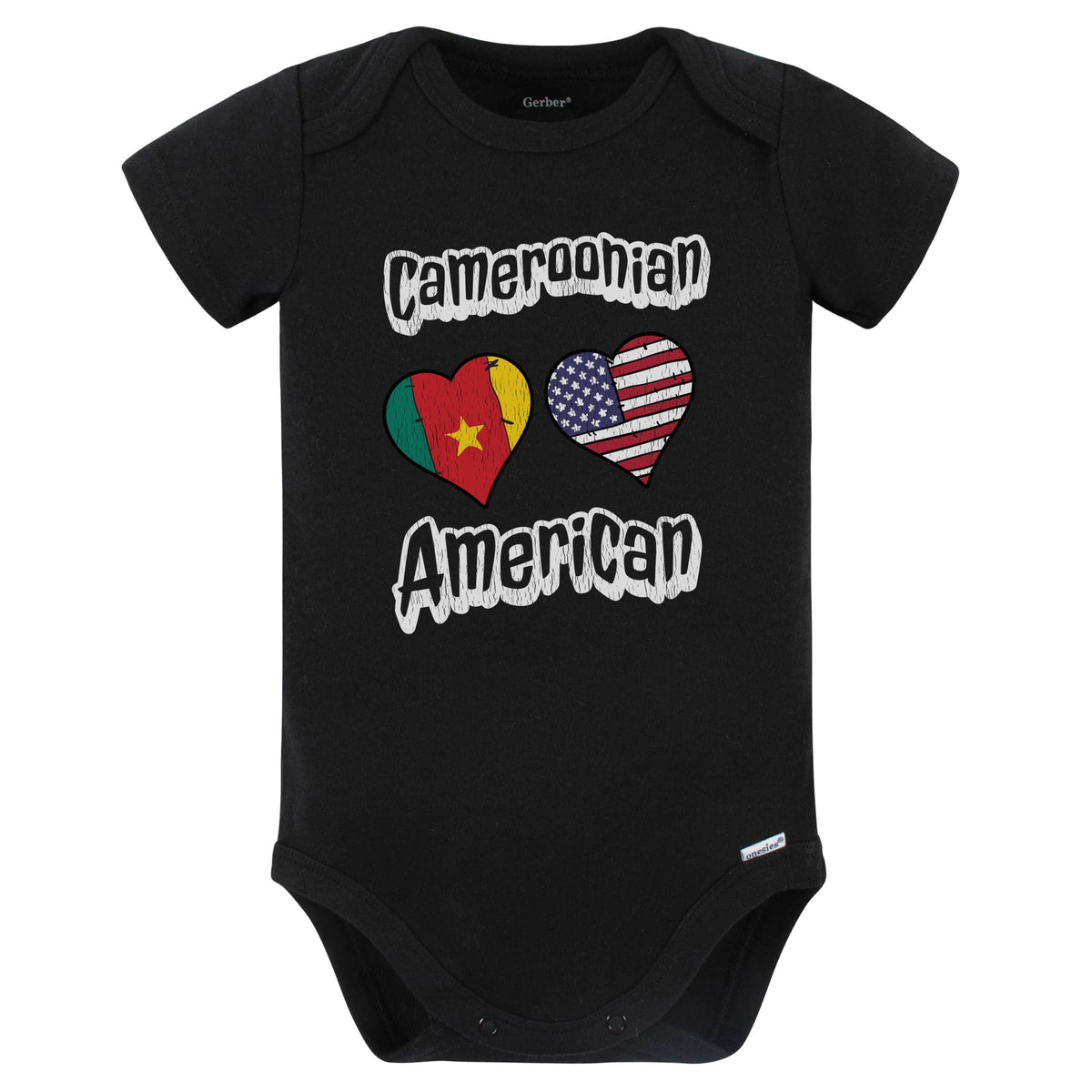 Cameroonian American Flag Hearts Combo Cameroon Baby Bodysuit Distressed (Black)