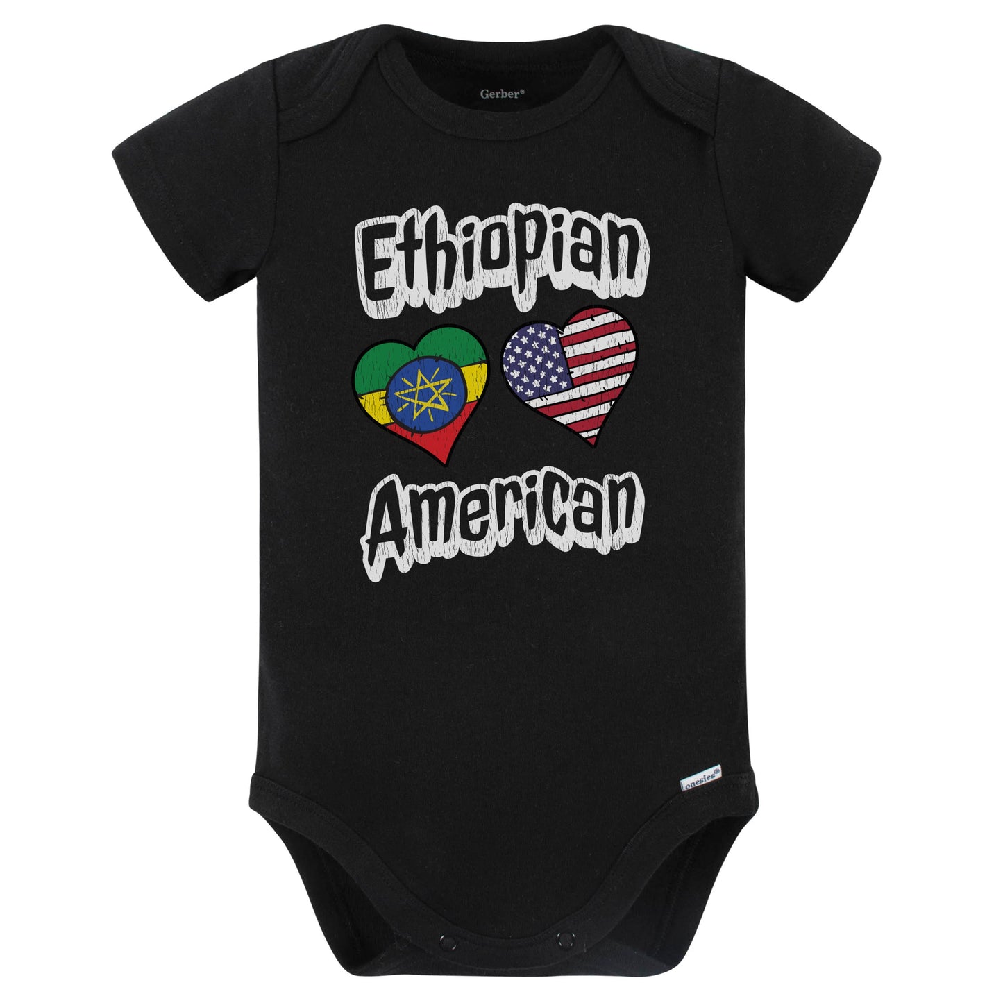 Ethiopian American Flag Hearts Combo Ethiopia Baby Bodysuit Distressed (Black)