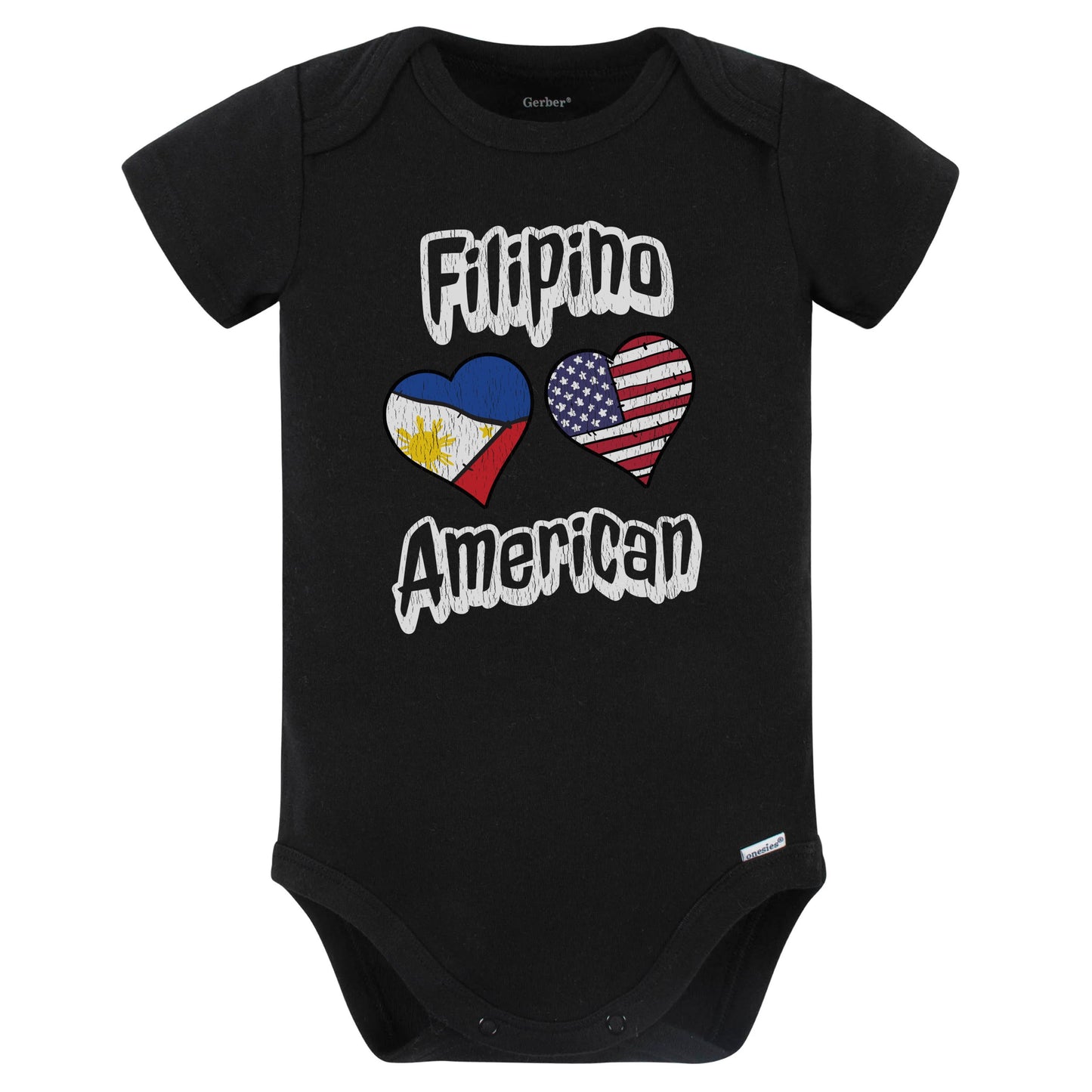 Filipino American Flag Hearts Combo Philippines Baby Bodysuit Distressed (Black)