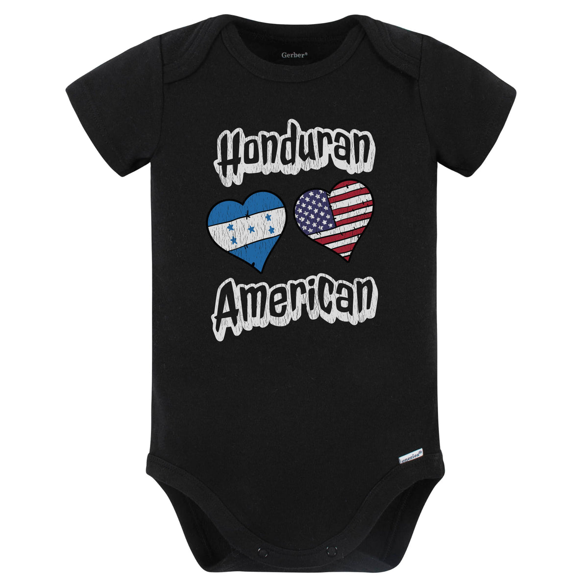 Honduran American Flag Hearts Combo Honduras Baby Bodysuit Distressed (Black)