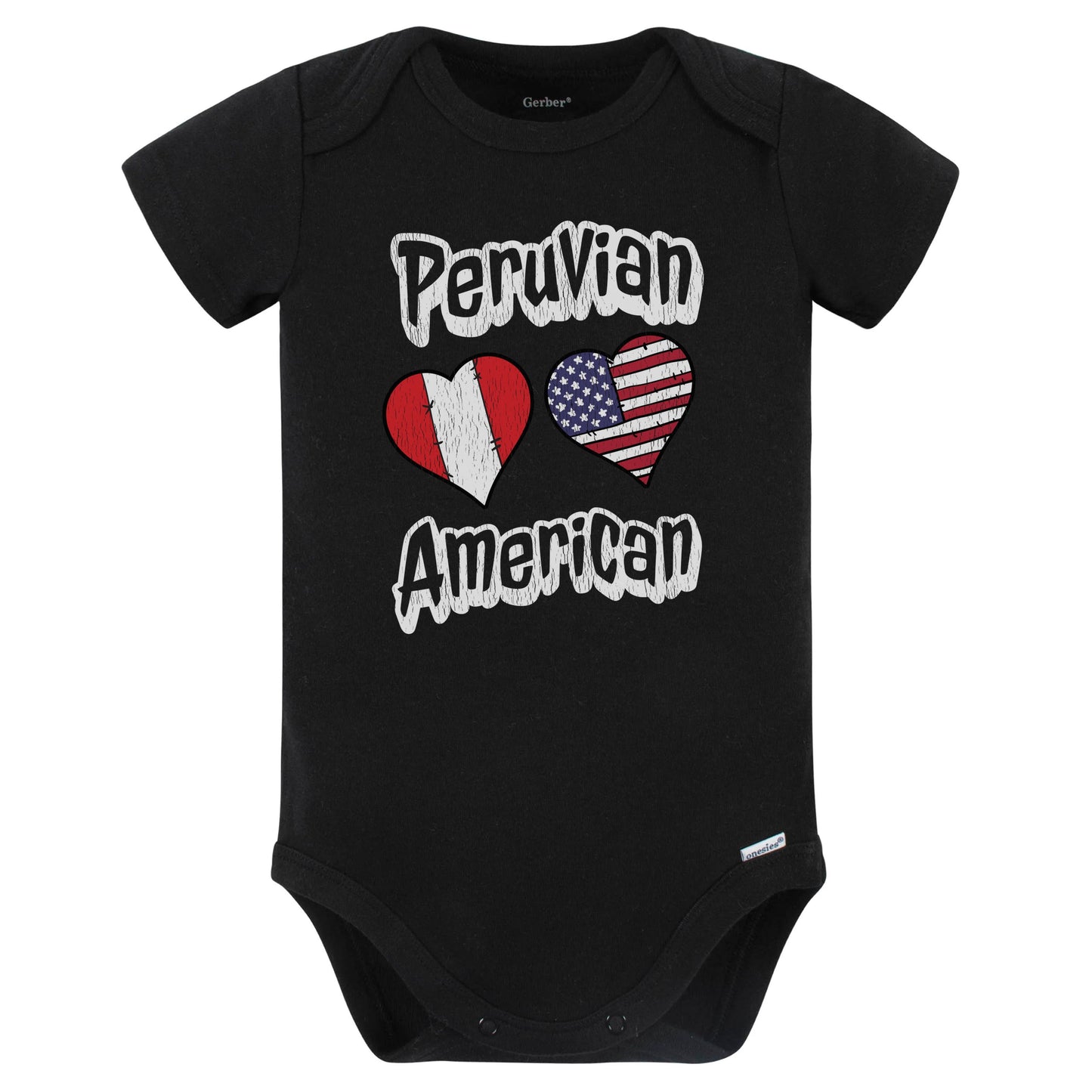 Peruvian American Flag Hearts Combo Peru Baby Bodysuit Distressed (Black)