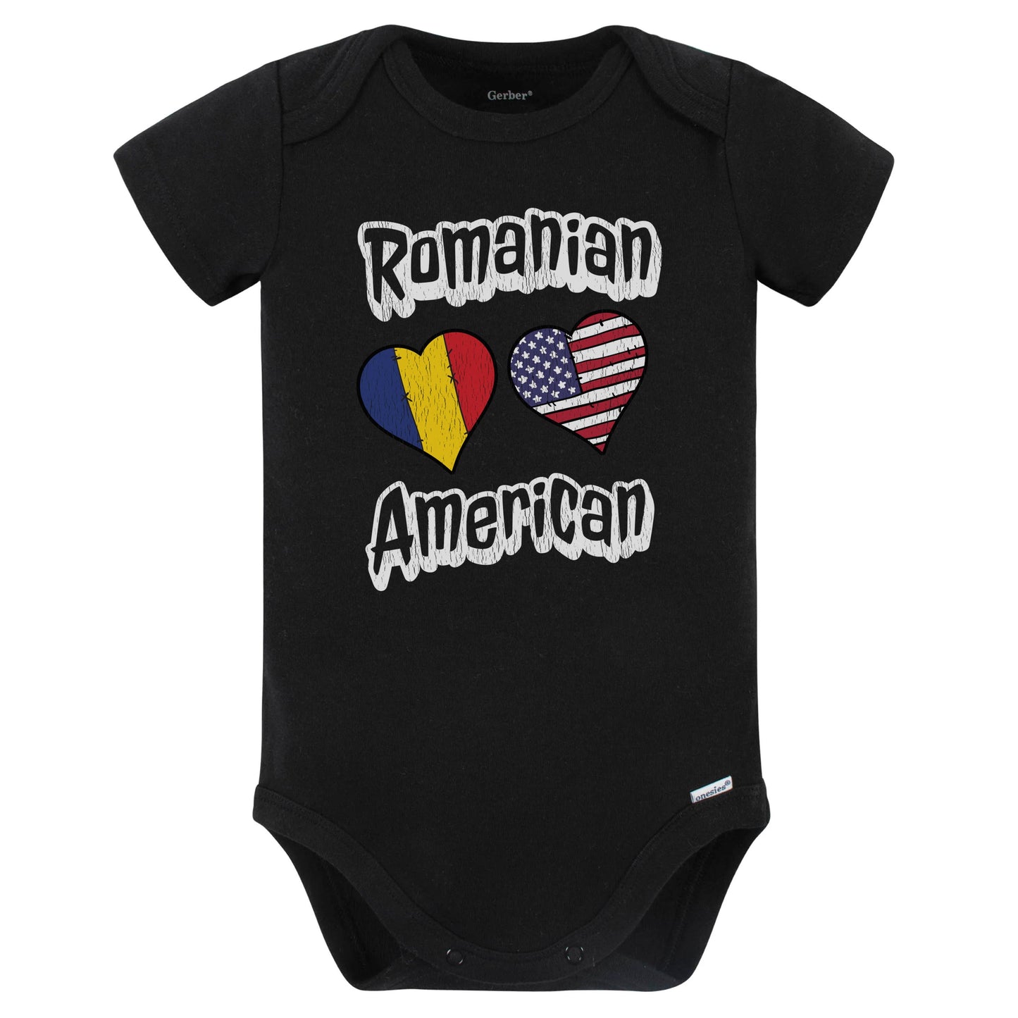 Romanian American Flag Hearts Combo Romania Baby Bodysuit Distressed (Black)