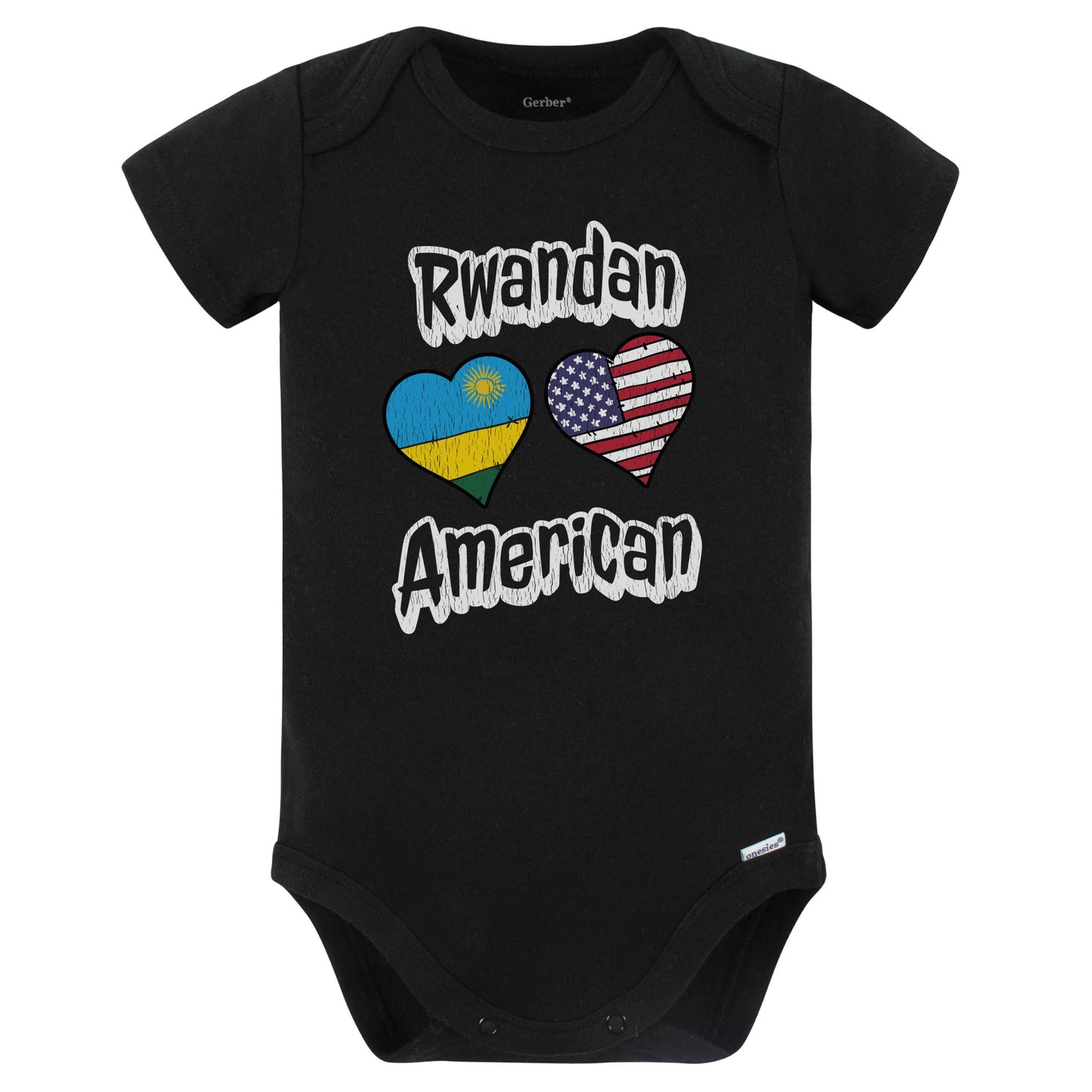 Rwandan American Flag Hearts Combo Rwanda Baby Bodysuit Distressed (Black)