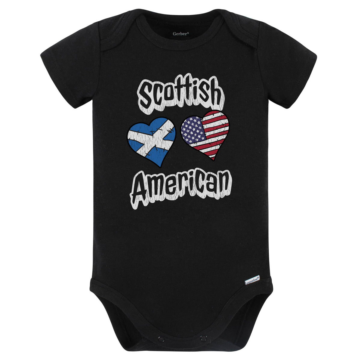 Scottish American Flag Hearts Combo Scotland Baby Bodysuit Distressed (Black)