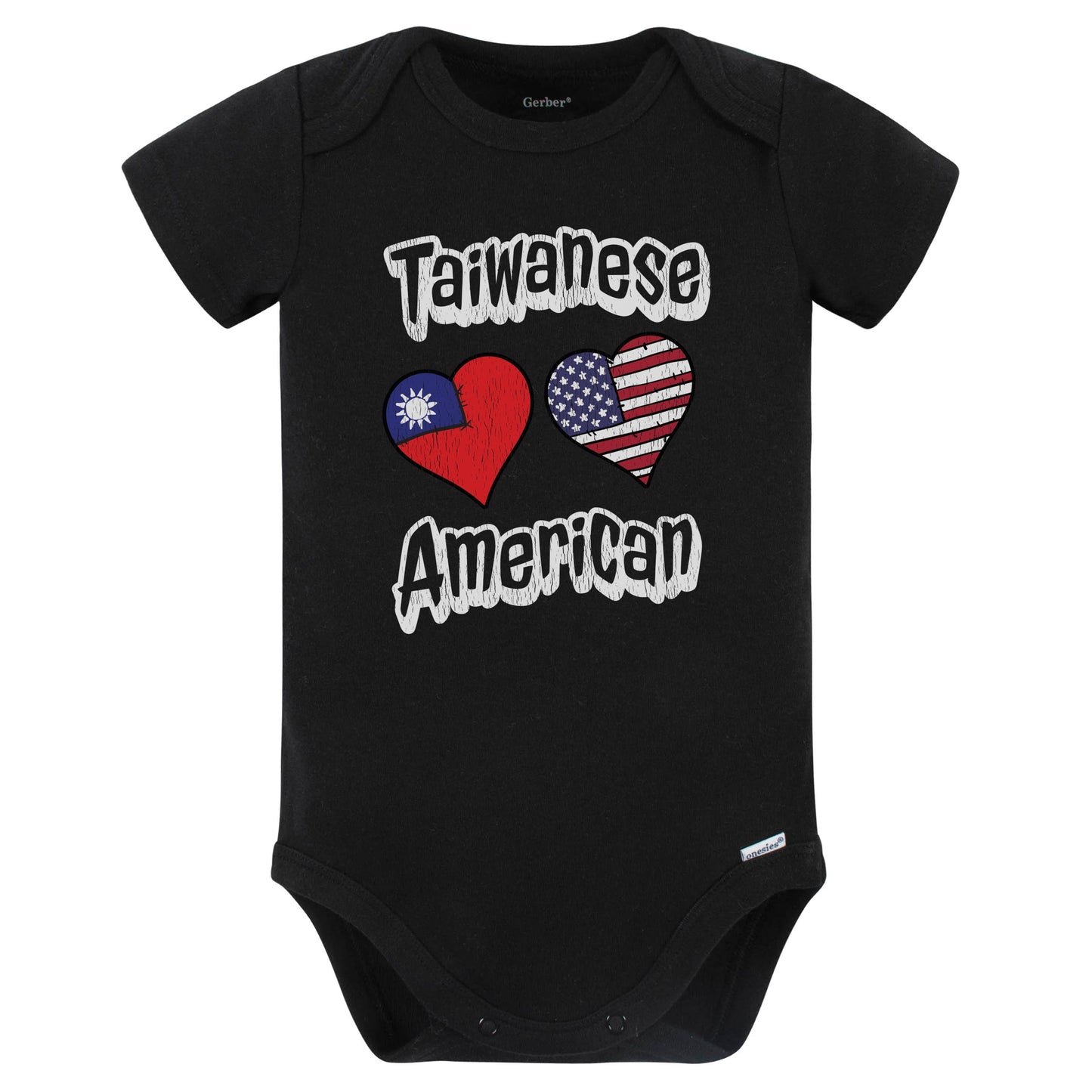 Taiwanese American Flag Hearts Combo Taiwan Baby Bodysuit Distressed (Black)