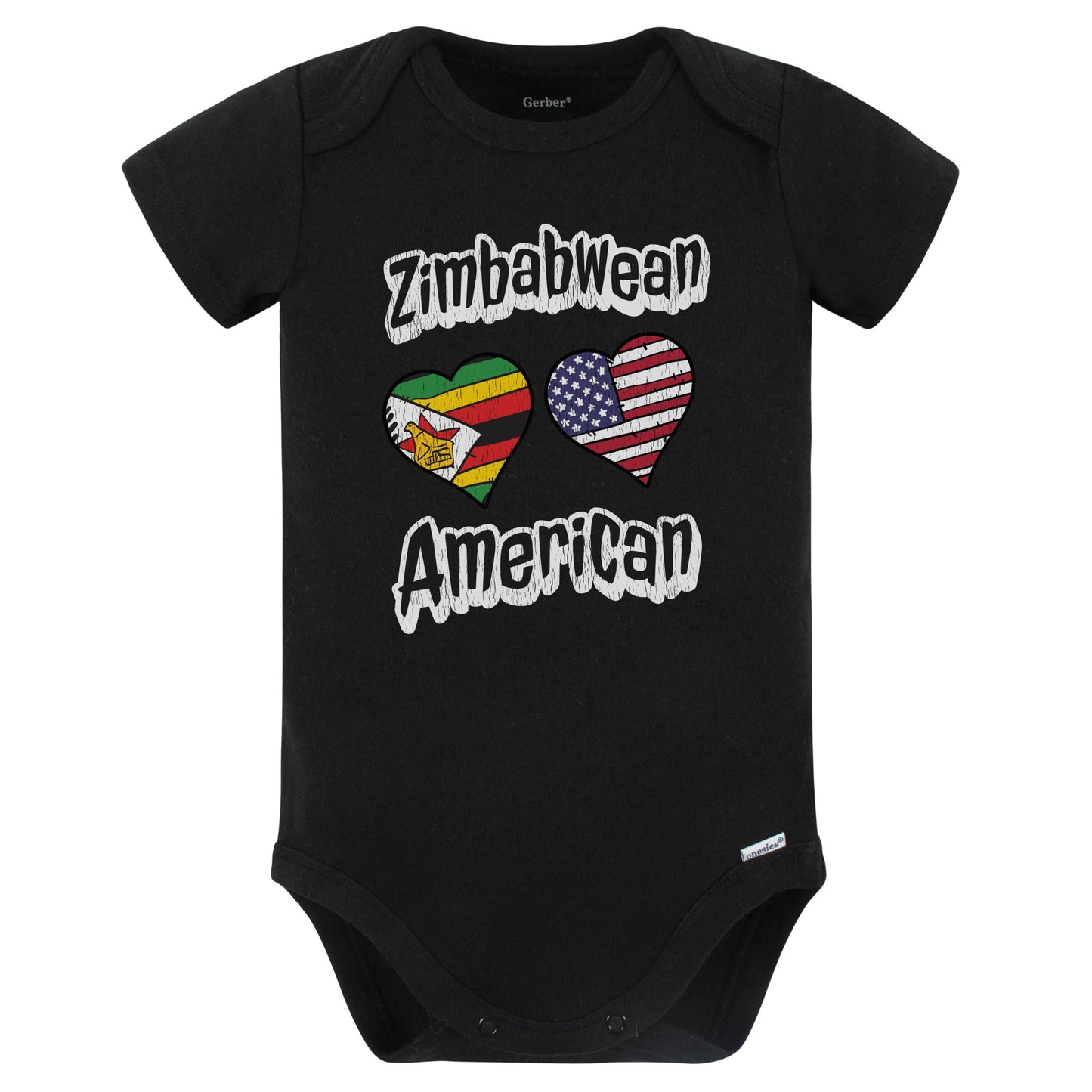 Zimbabwean American Flag Hearts Combo Zimbabwe Baby Bodysuit Distressed (Black)
