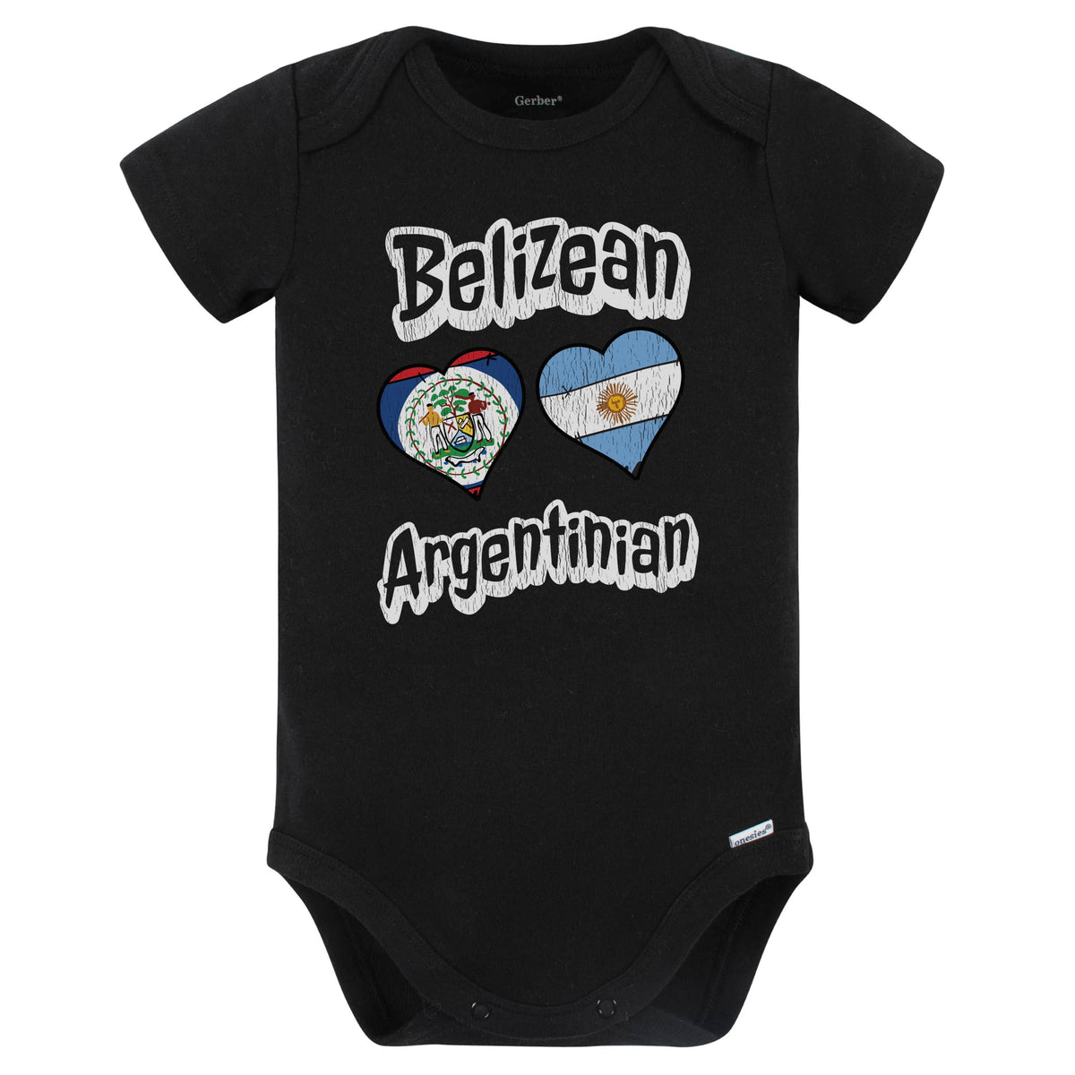 Belizean Argentinian Flag Heart Combo Belize Argentina Baby Bodysuit Distressed (Black)