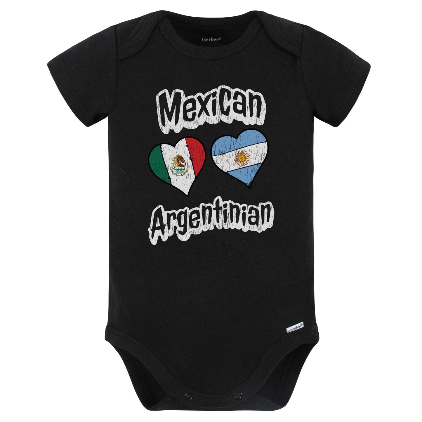 Mexican Argentinian Flag Heart Combo Mexico Argentina Baby Bodysuit Distressed (Black)