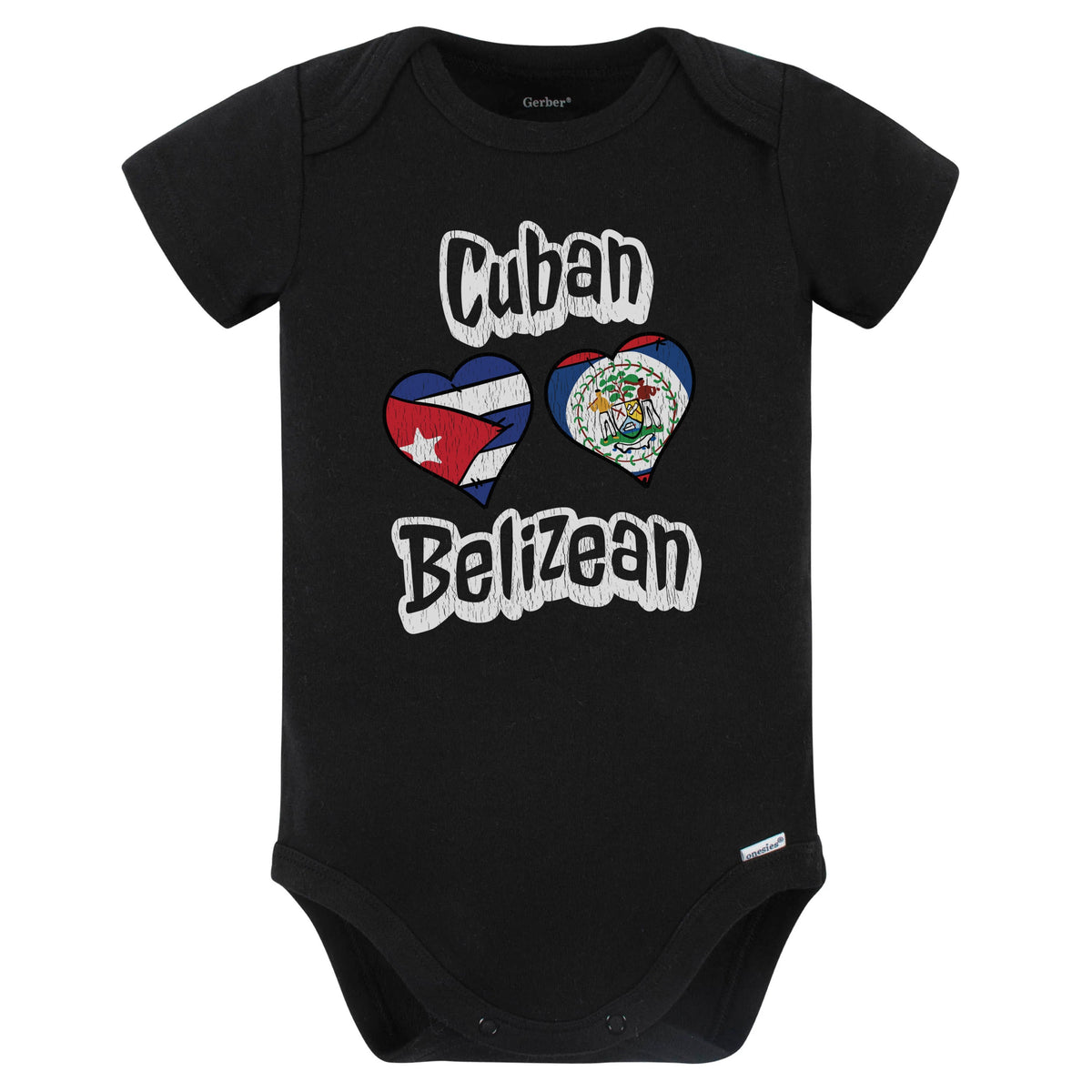Cuban Belizean Flag Heart Combo Cuba Belize Baby Bodysuit Distressed (Black)