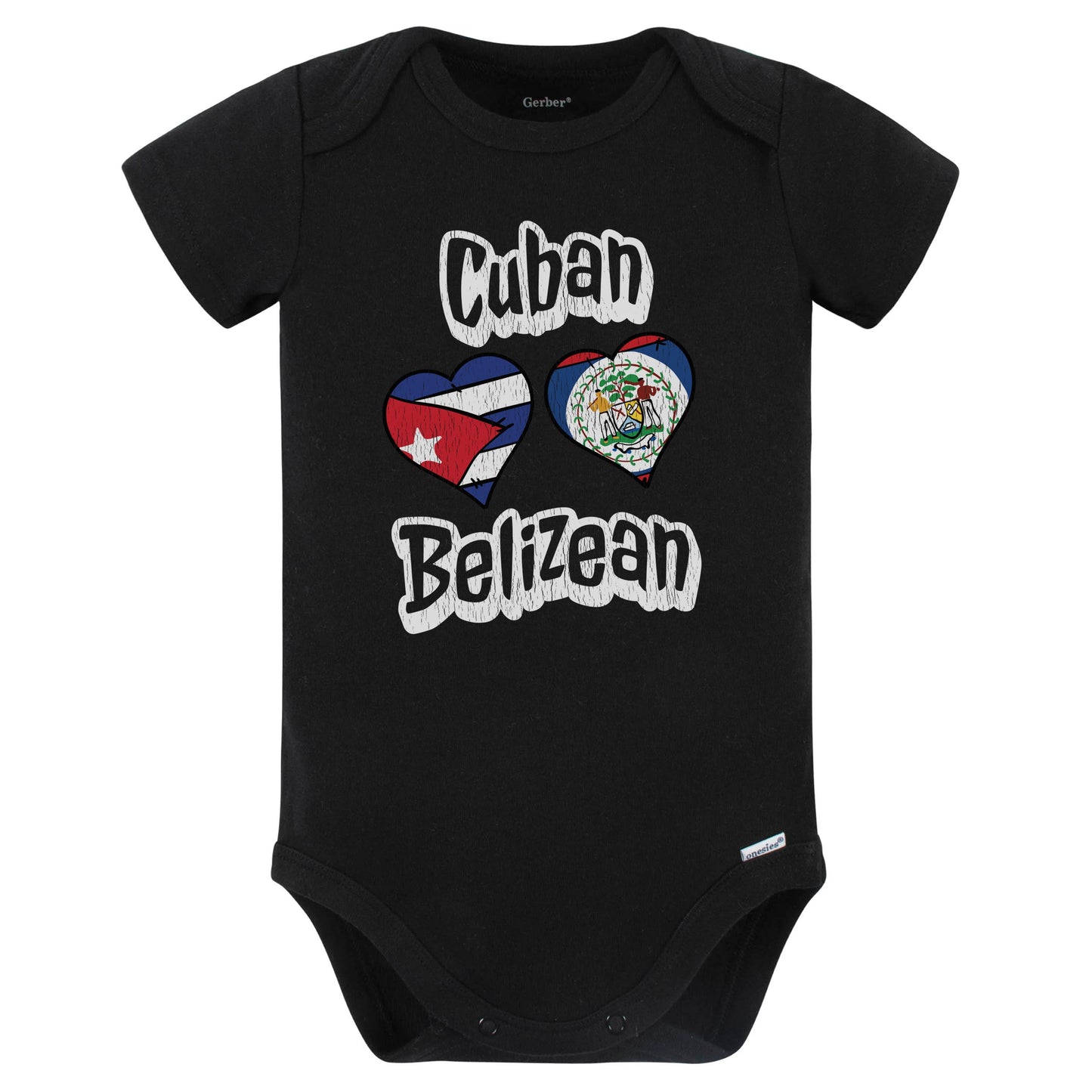 Cuban Belizean Flag Heart Combo Cuba Belize Baby Bodysuit Distressed (Black)