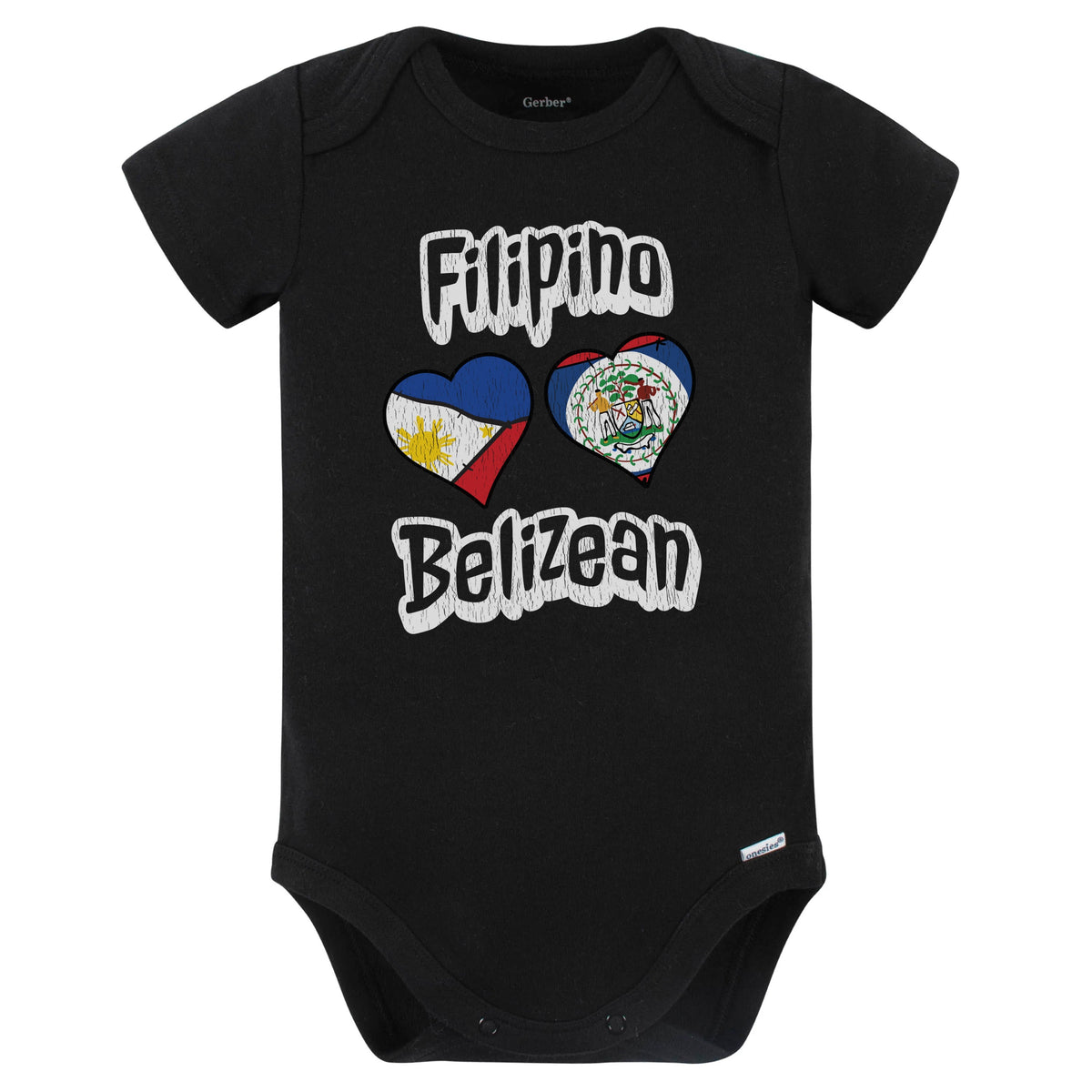 Filipino Belizean Flag Heart Combo Philippines Belize Baby Bodysuit Distressed (Black)