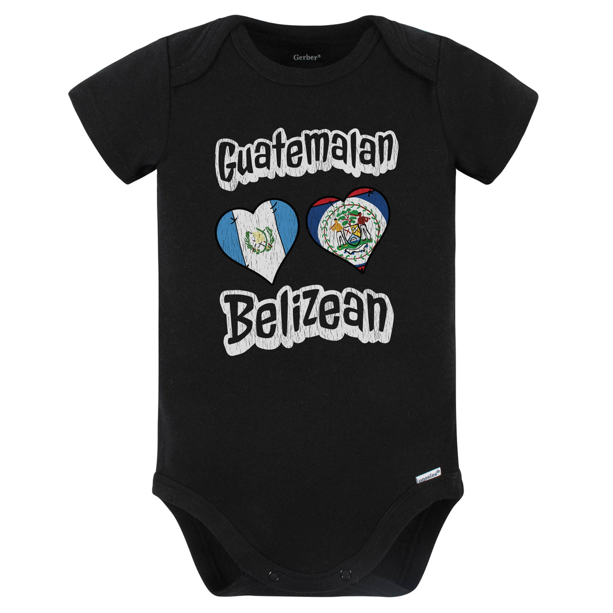 Guatemalan Belizean Flag Heart Combo Guatemala Belize Baby Bodysuit Distressed (Black)