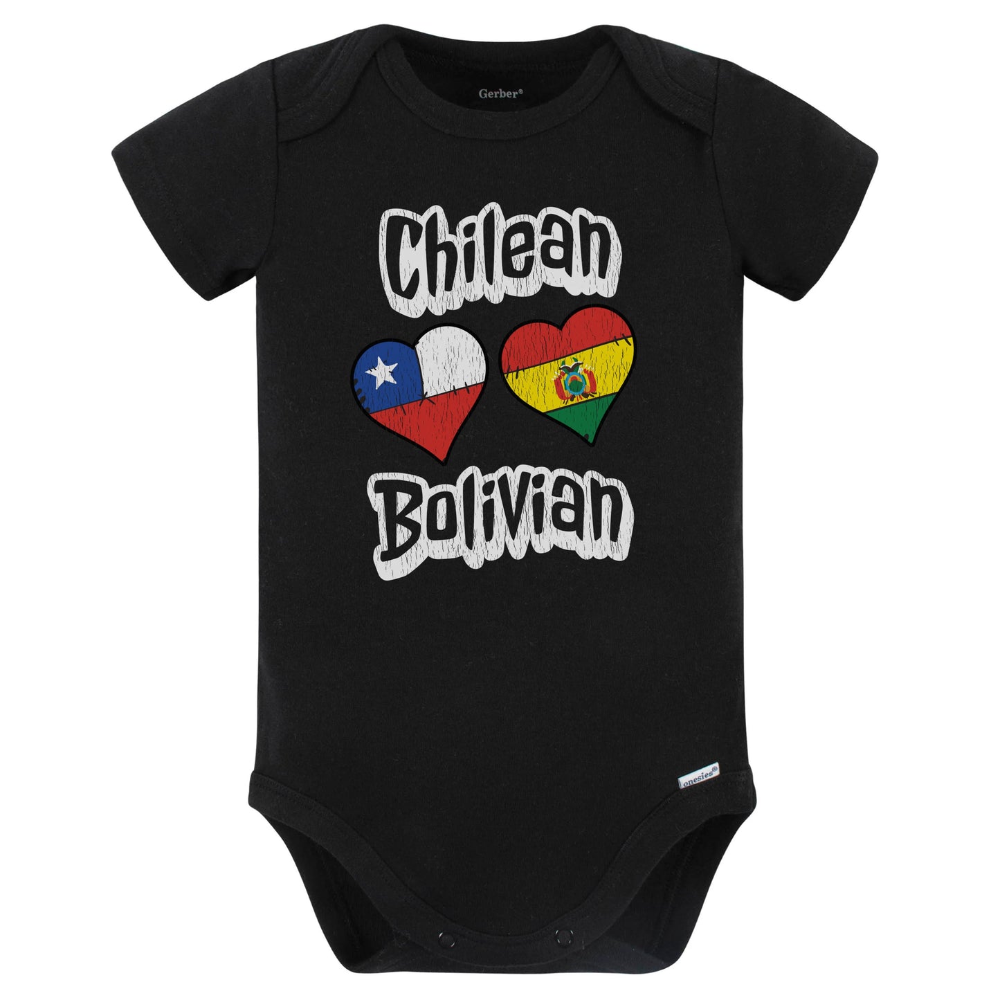 Chilean Bolivian Flag Heart Combo Chile Bolivia Baby Bodysuit Distressed (Black)